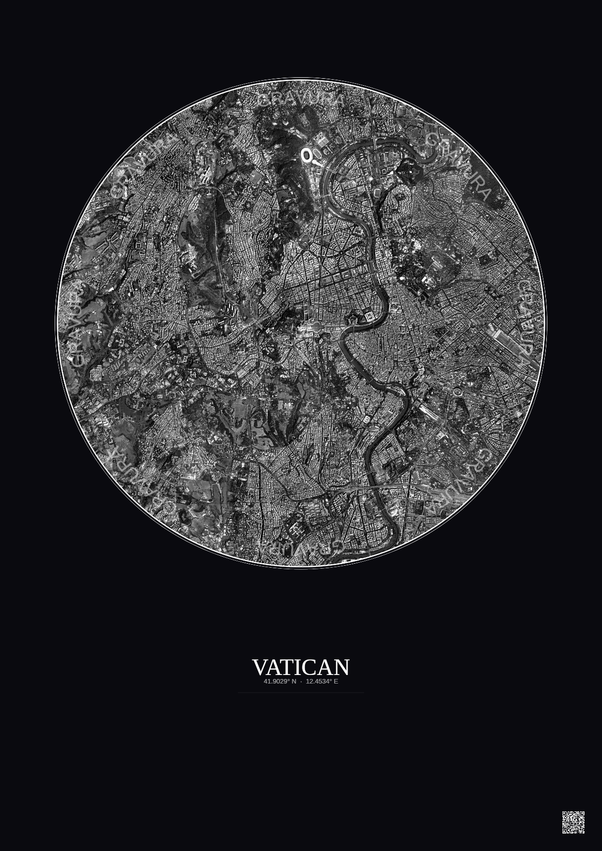 Affiche Vatican – Poster vue satellite 5km N&B | Gravura – Fond foncé
