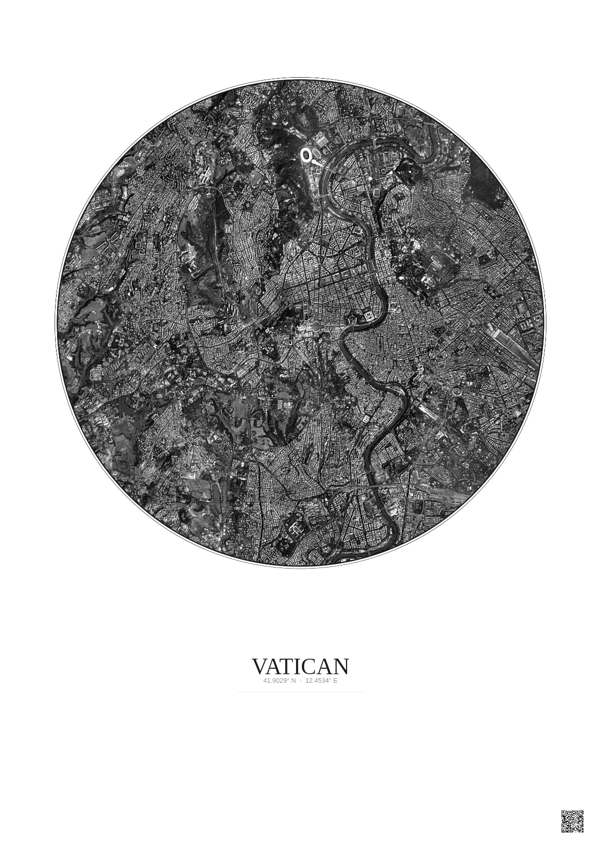 Affiche Vatican – Poster vue satellite 5km N&B | Gravura – Fond clair