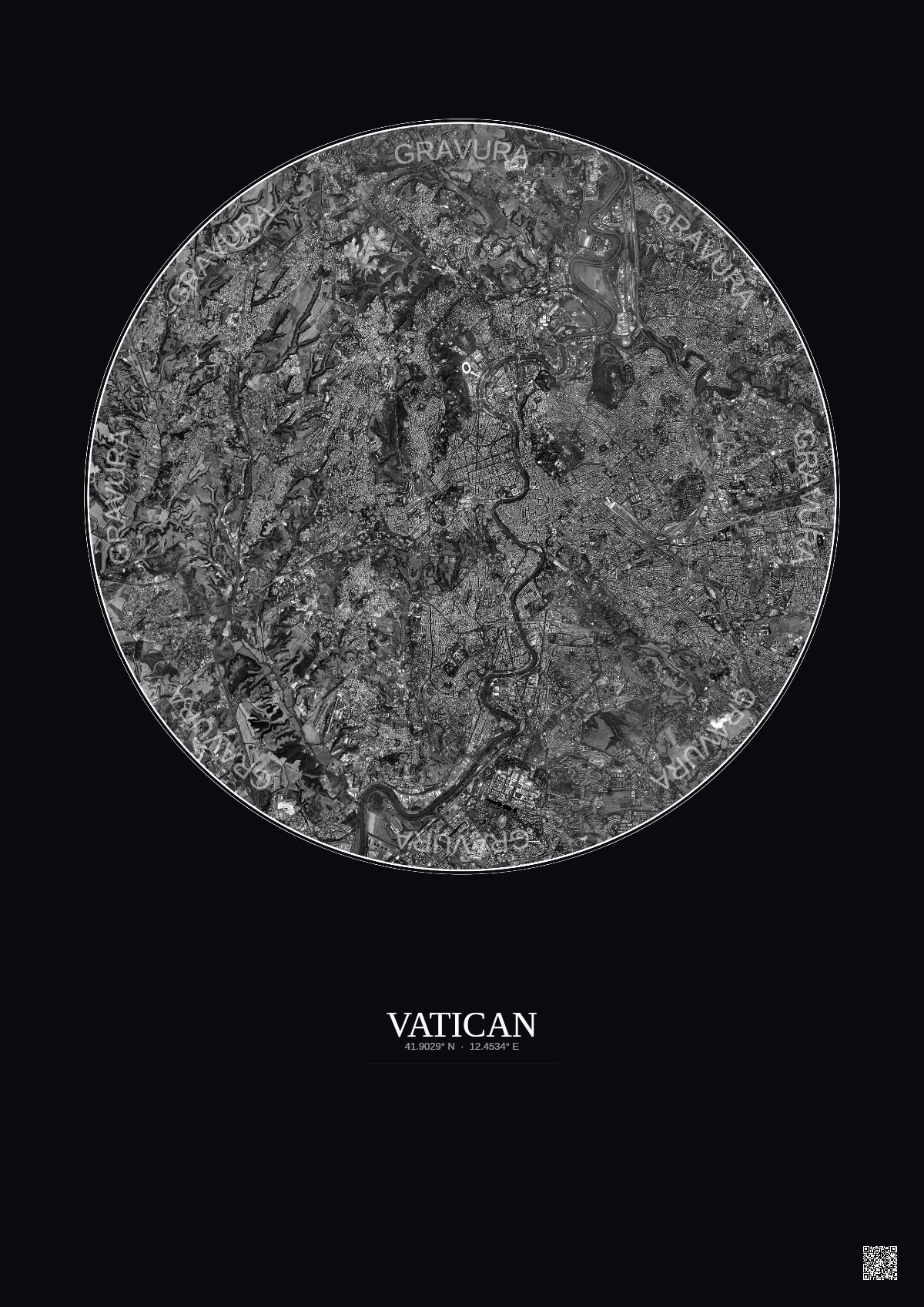 Affiche Vatican – Poster vue satellite 10km N&B | Gravura – Fond foncé