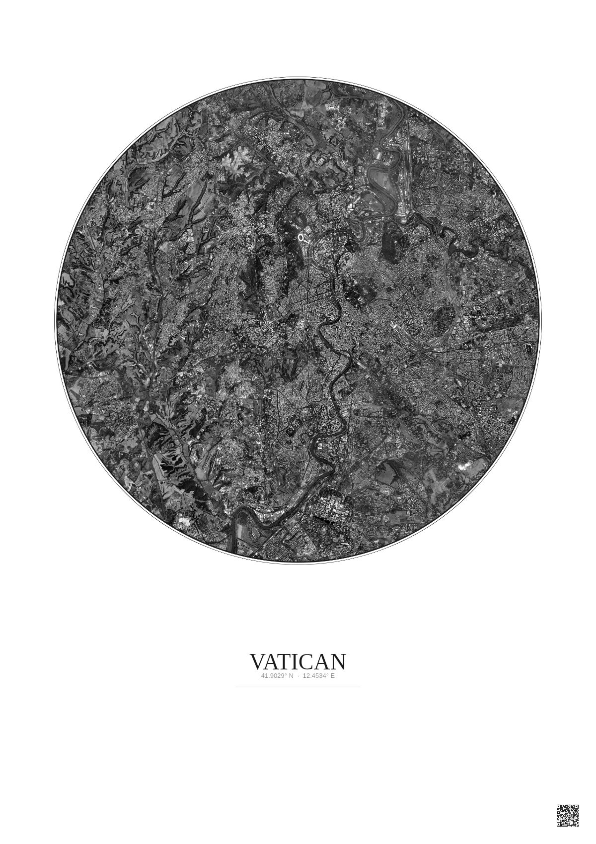 Affiche Vatican – Poster vue satellite 10km N&B | Gravura – Fond clair