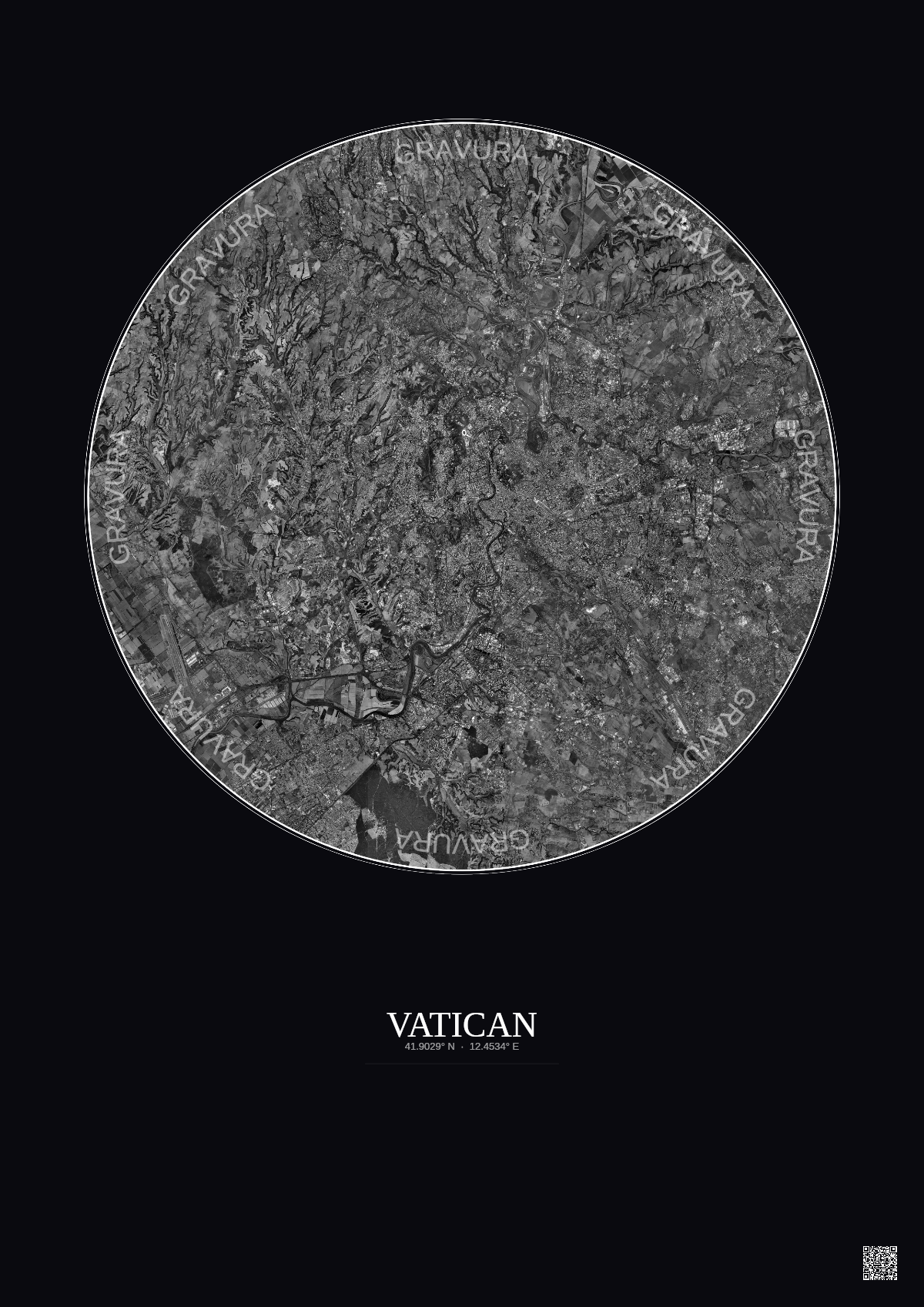 Affiche Vatican – Poster vue satellite 20km N&B | Gravura – Fond foncé
