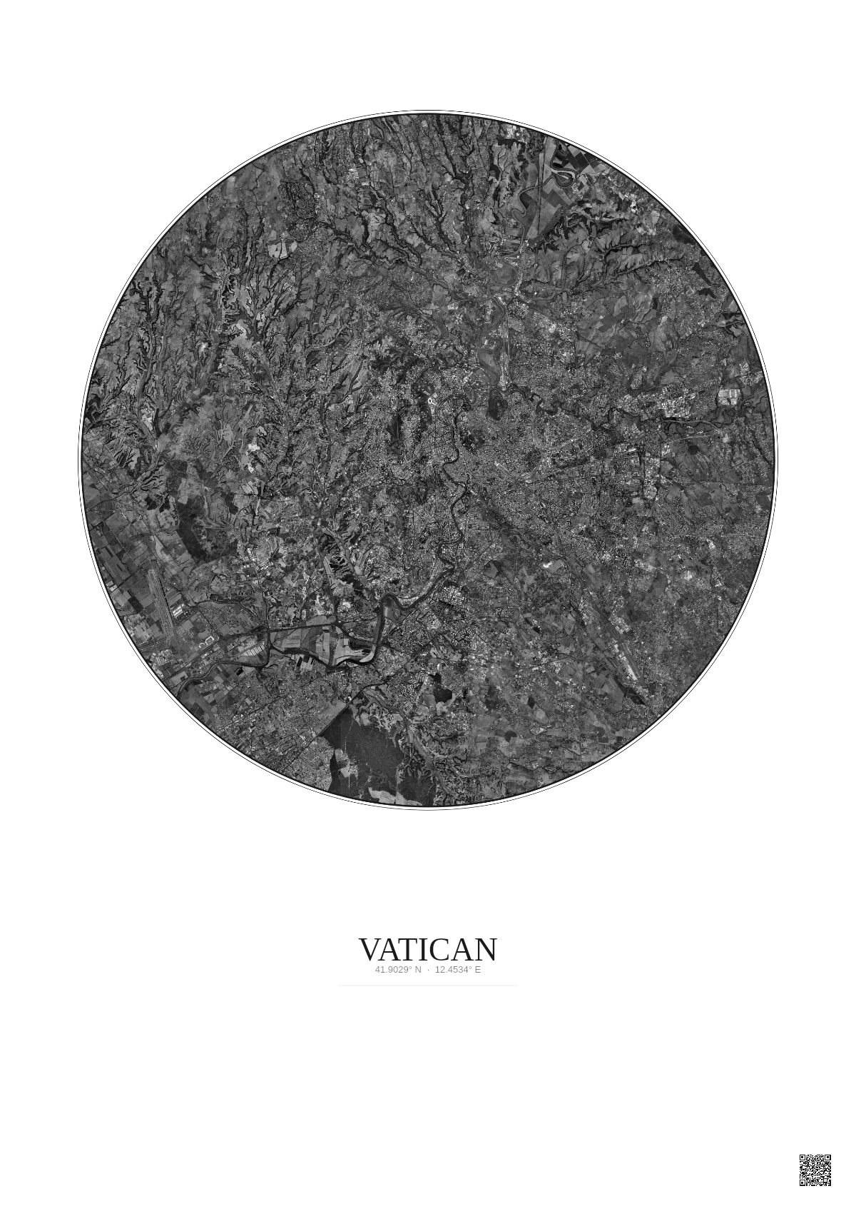 Affiche Vatican – Poster vue satellite 20km N&B | Gravura – Fond clair