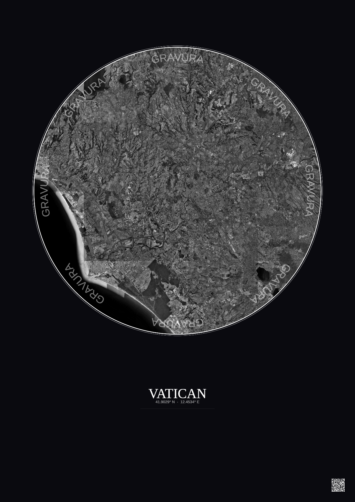 Affiche Vatican – Poster vue satellite 30km N&B | Gravura – Fond foncé