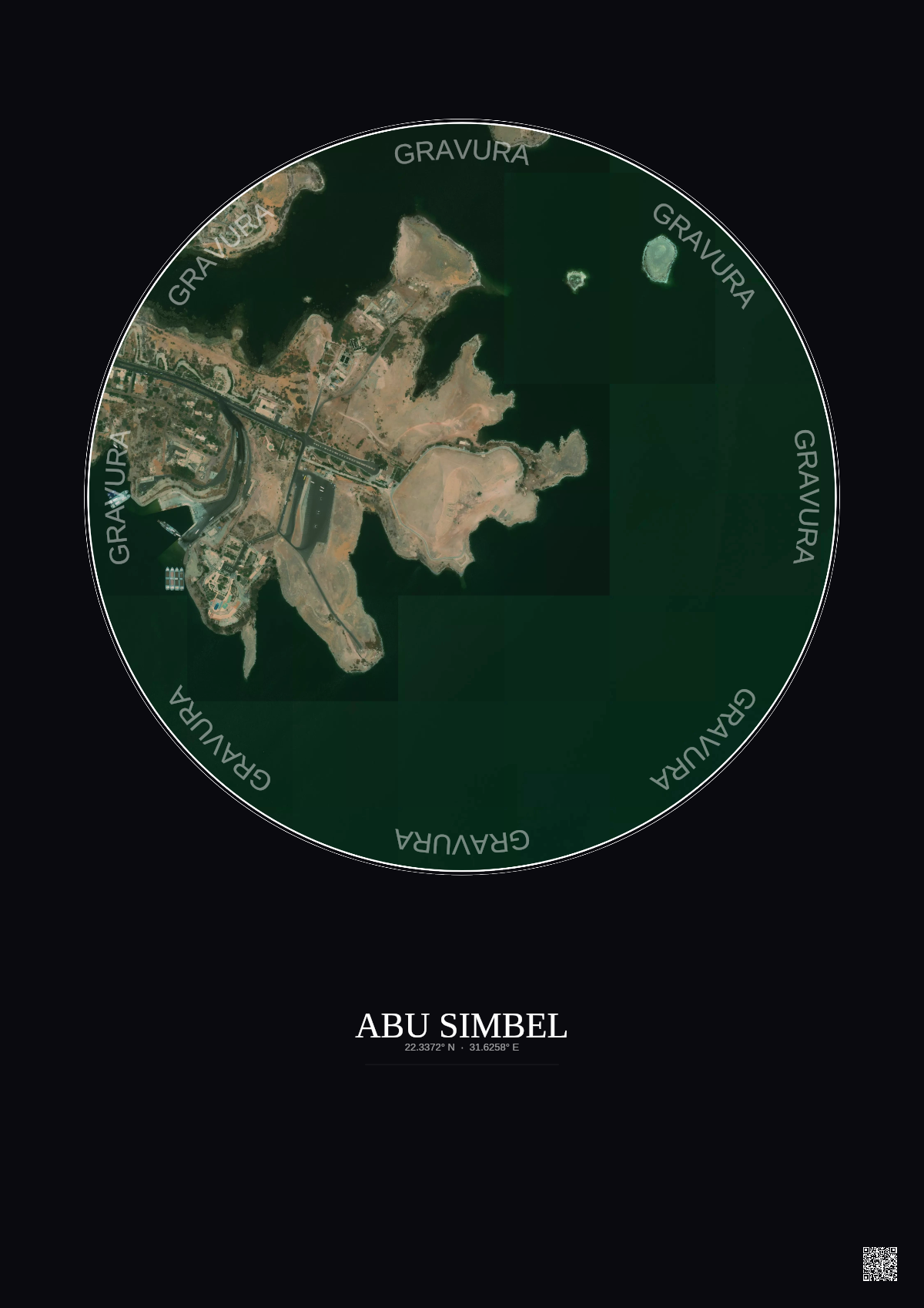 Affiche Abu Simbel – Poster vue satellite 1km Couleur | Gravura – Fond foncé