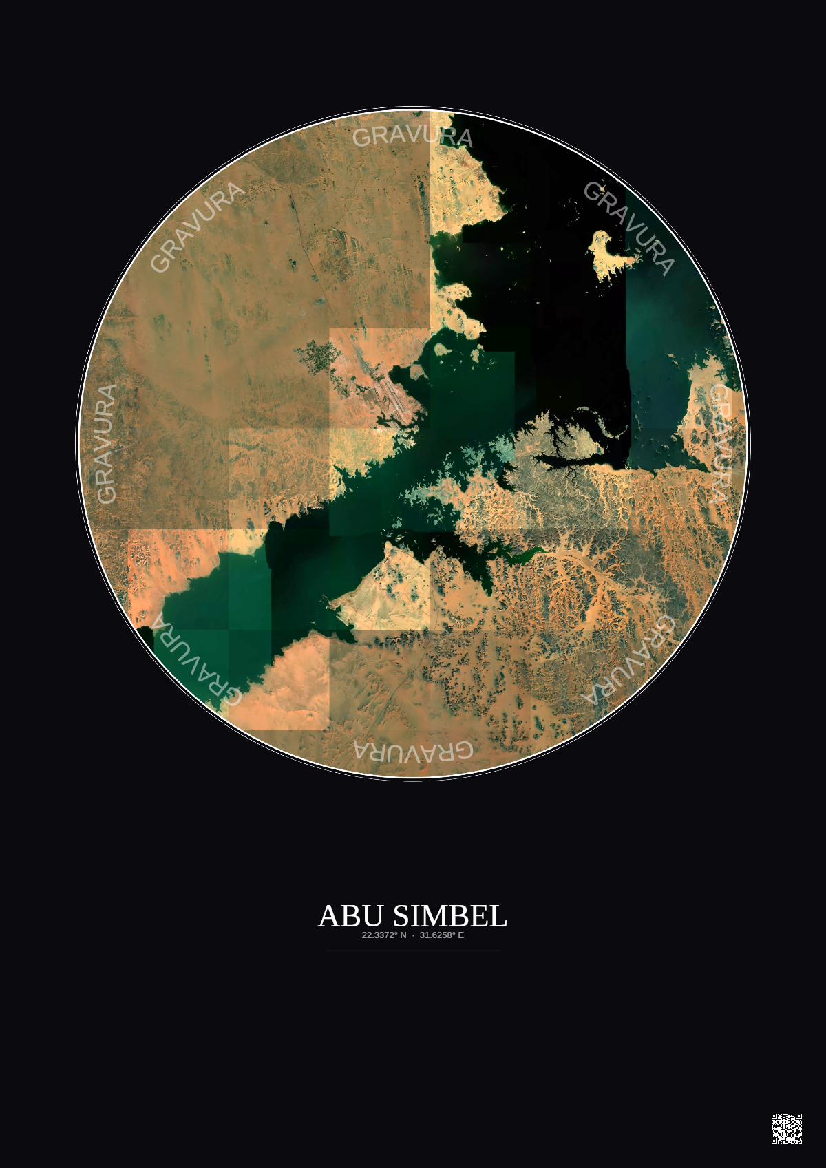 Affiche Abu Simbel – Poster vue satellite 30km Couleur | Gravura – Fond foncé