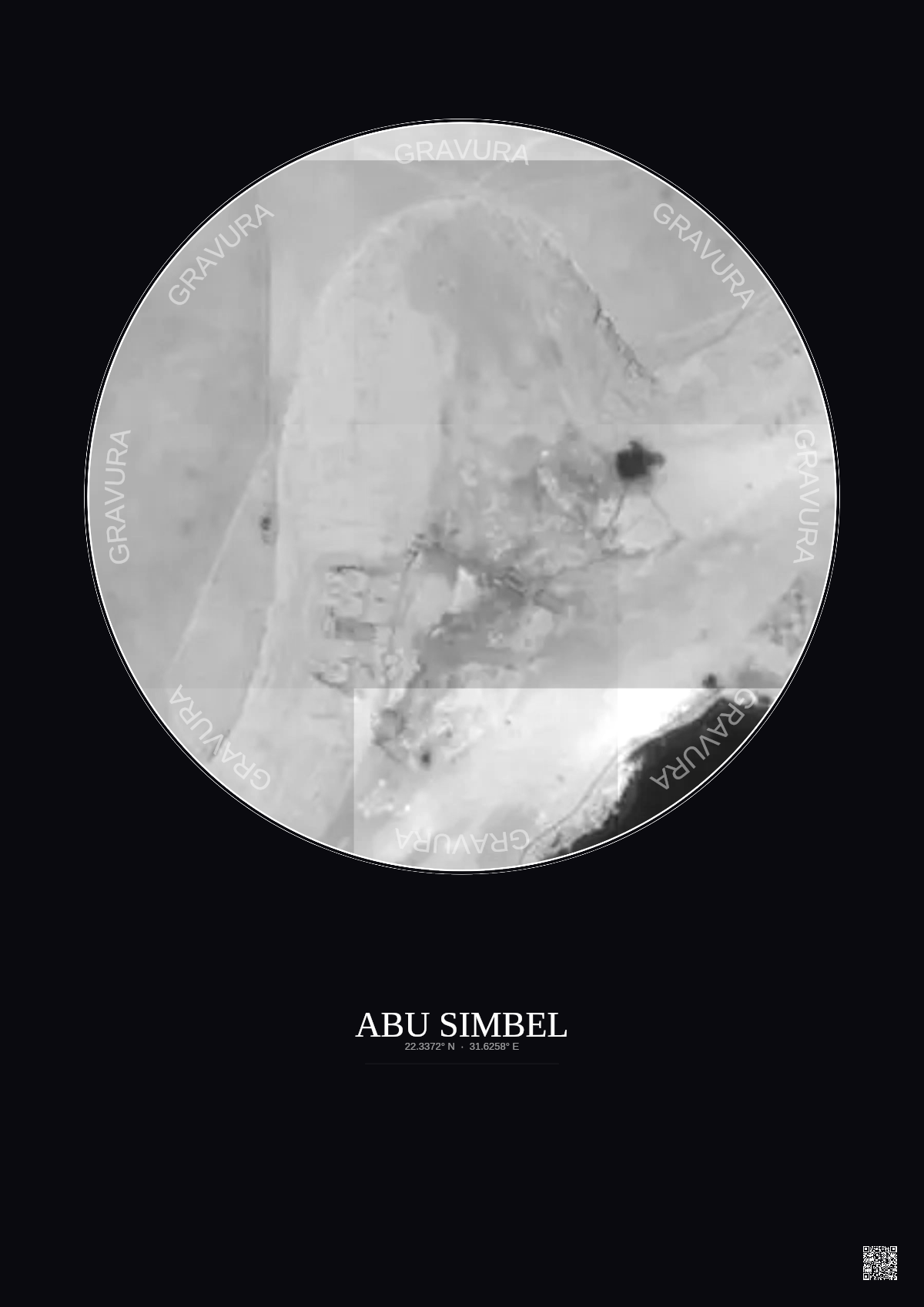 Affiche Abu Simbel – Poster vue satellite 0.1km N&B | Gravura – Fond foncé