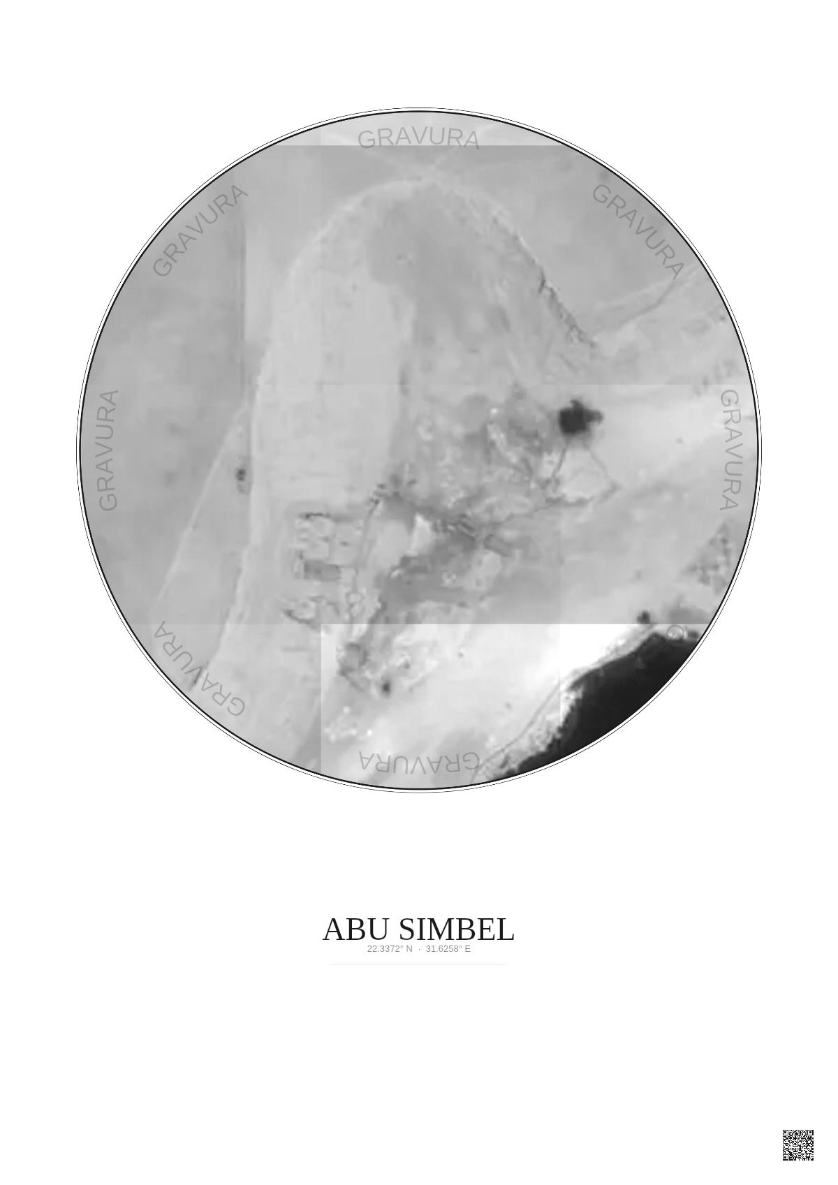 Affiche Abu Simbel – Poster vue satellite 0.1km N&B | Gravura – Fond clair