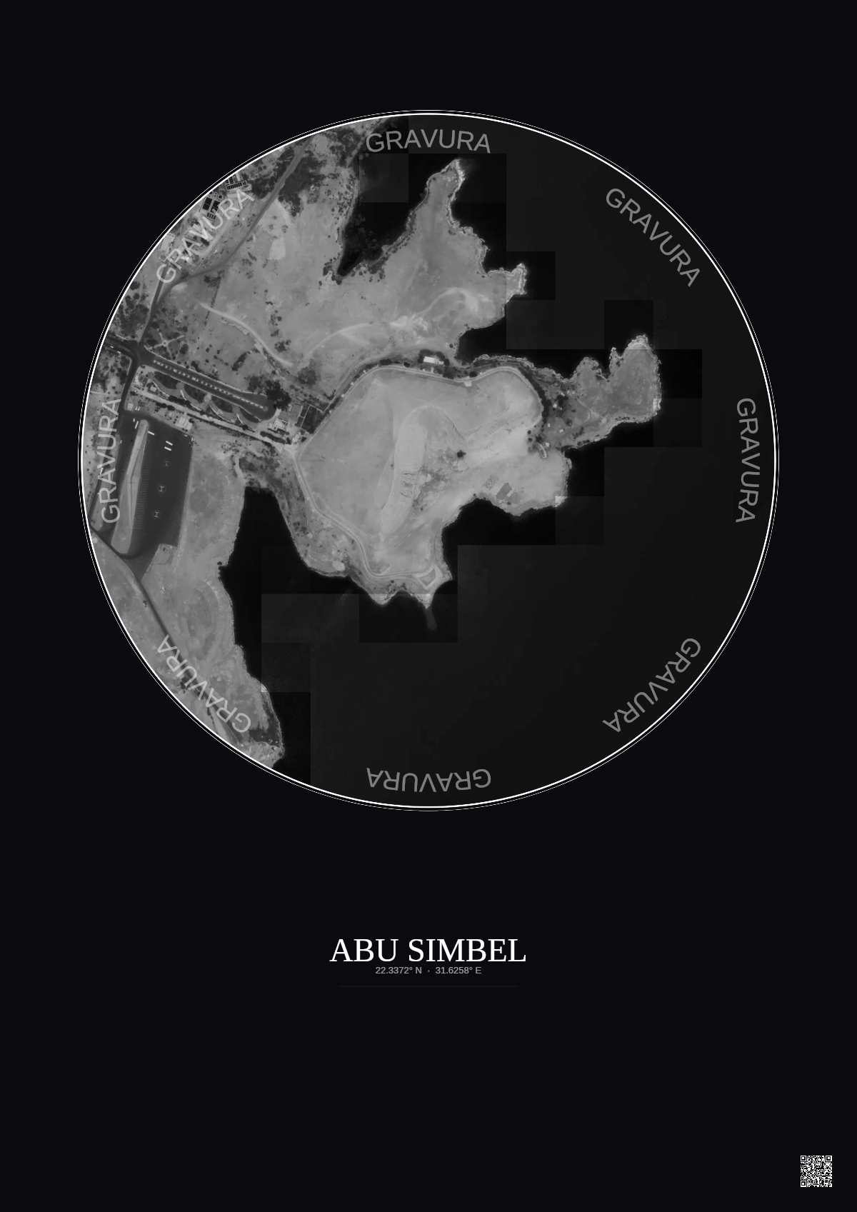 Affiche Abu Simbel – Poster vue satellite 0.5km N&B | Gravura – Fond foncé