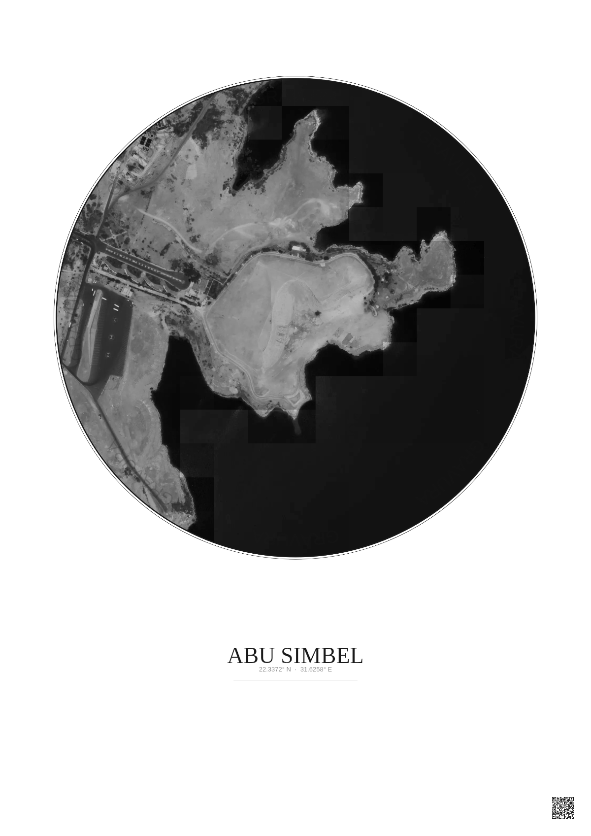Affiche Abu Simbel – Poster vue satellite 0.5km N&B | Gravura – Fond clair