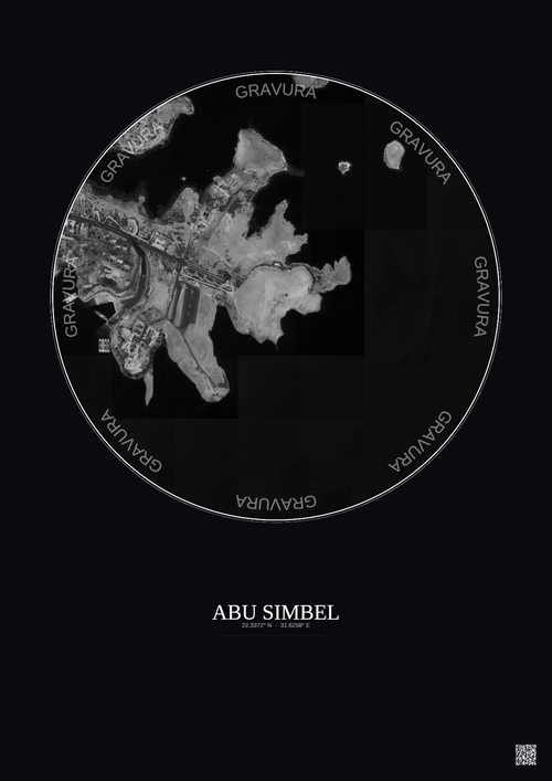 Affiche Abu Simbel – Poster vue satellite 1km N&B | Gravura – Fond foncé