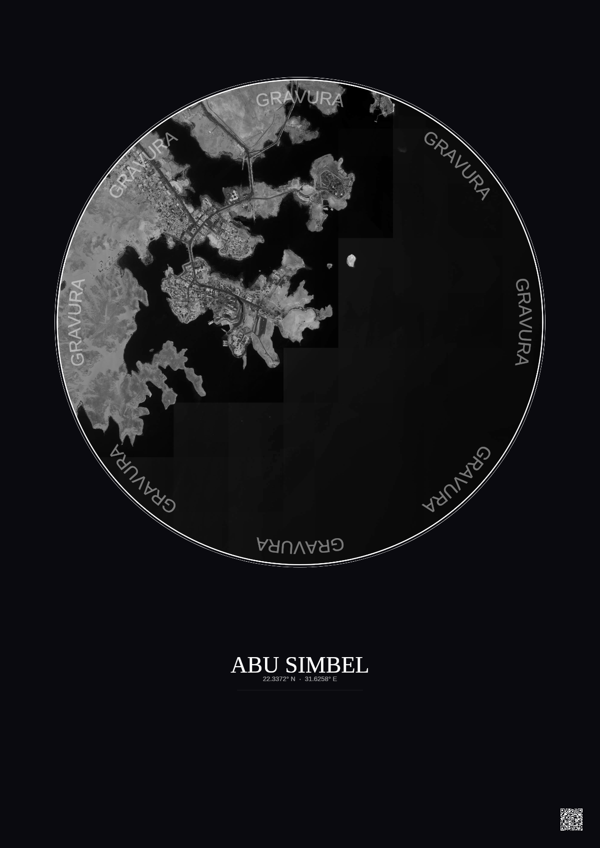 Affiche Abu Simbel – Poster vue satellite 2.5km N&B | Gravura – Fond foncé