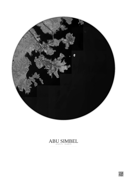 Affiche Abu Simbel – Poster vue satellite 2.5km N&B | Gravura – Fond clair
