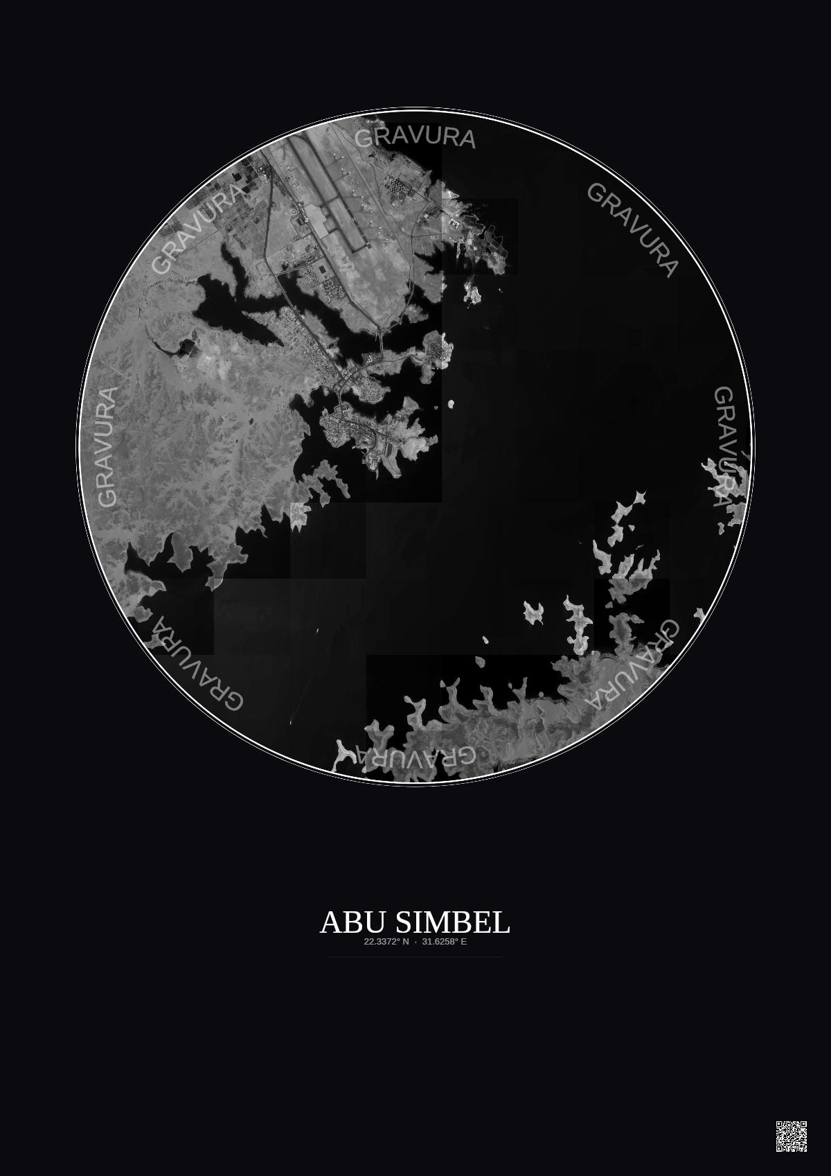 Affiche Abu Simbel – Poster vue satellite 5km N&B | Gravura – Fond foncé