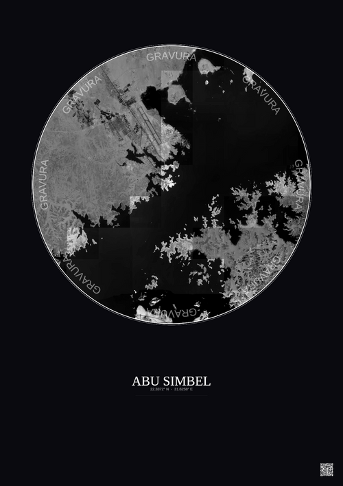Affiche Abu Simbel – Poster vue satellite 10km N&B | Gravura – Fond foncé