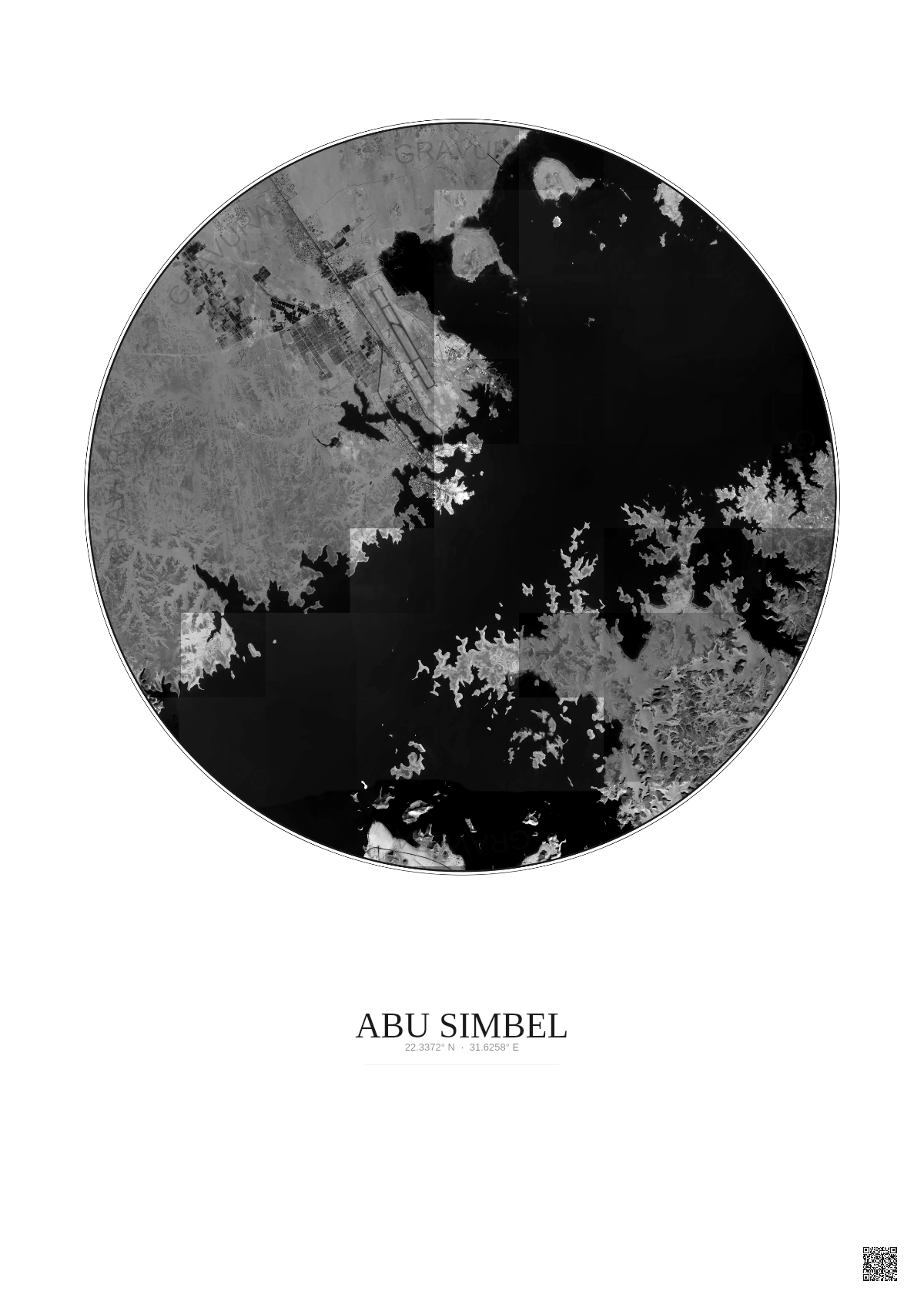 Affiche Abu Simbel – Poster vue satellite 10km N&B | Gravura – Fond clair