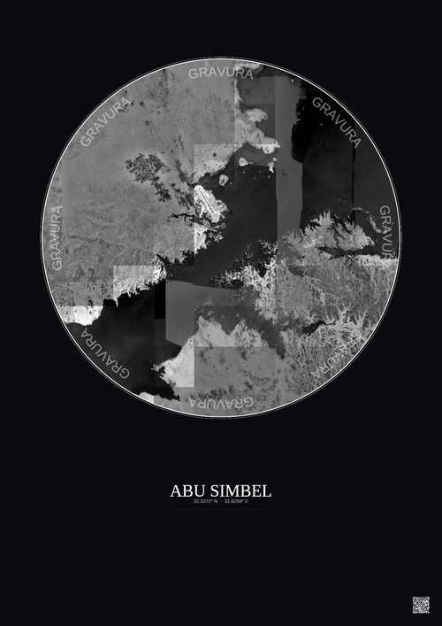 Affiche Abu Simbel – Poster vue satellite 20km N&B | Gravura – Fond foncé