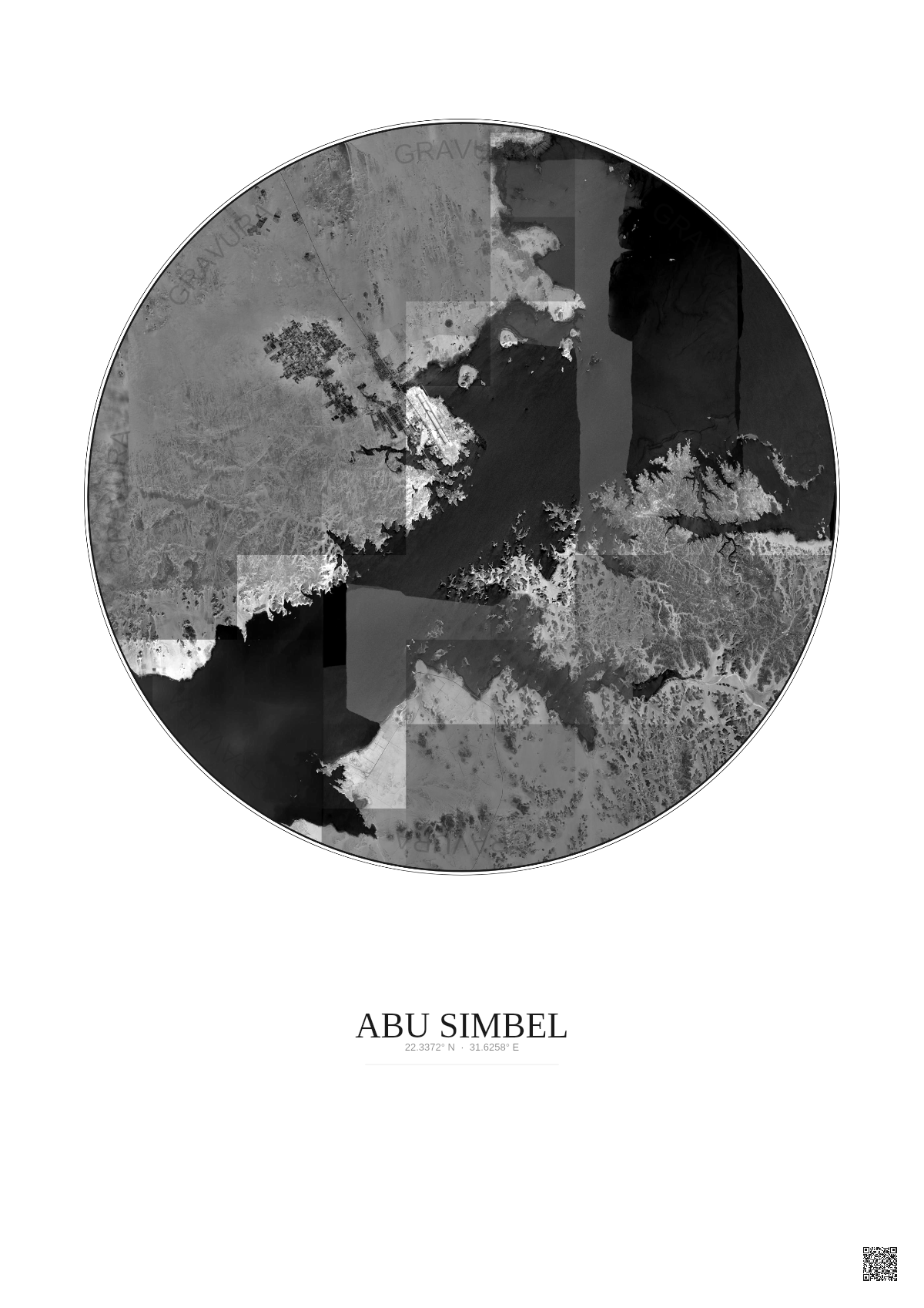 Affiche Abu Simbel – Poster vue satellite 20km N&B | Gravura – Fond clair