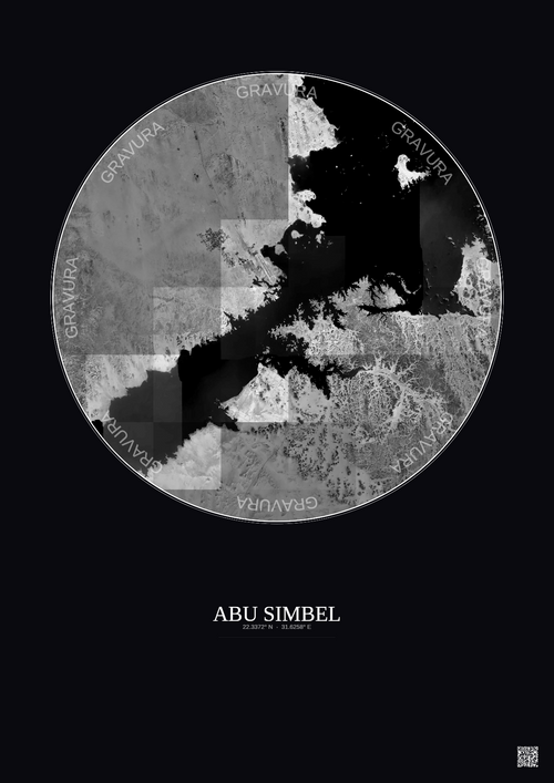 Affiche Abu Simbel – Poster vue satellite 30km N&B | Gravura – Fond foncé