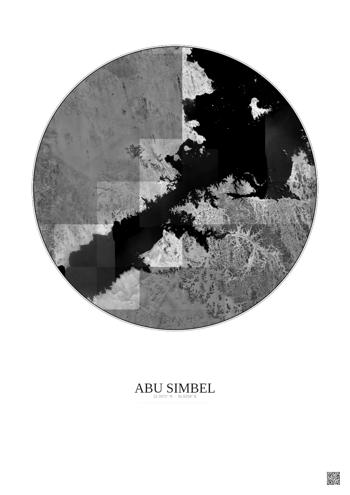 Affiche Abu Simbel – Poster vue satellite 30km N&B | Gravura – Fond clair