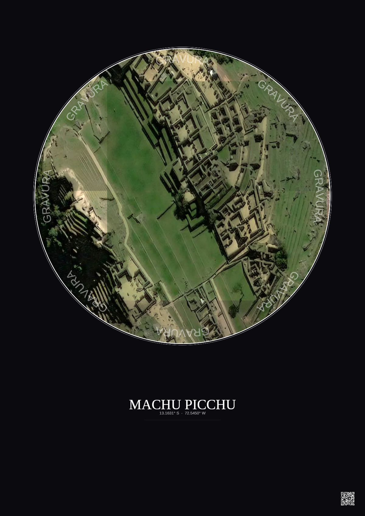 Affiche Machu Picchu – Poster vue satellite 0.1km Couleur | Gravura – Fond foncé