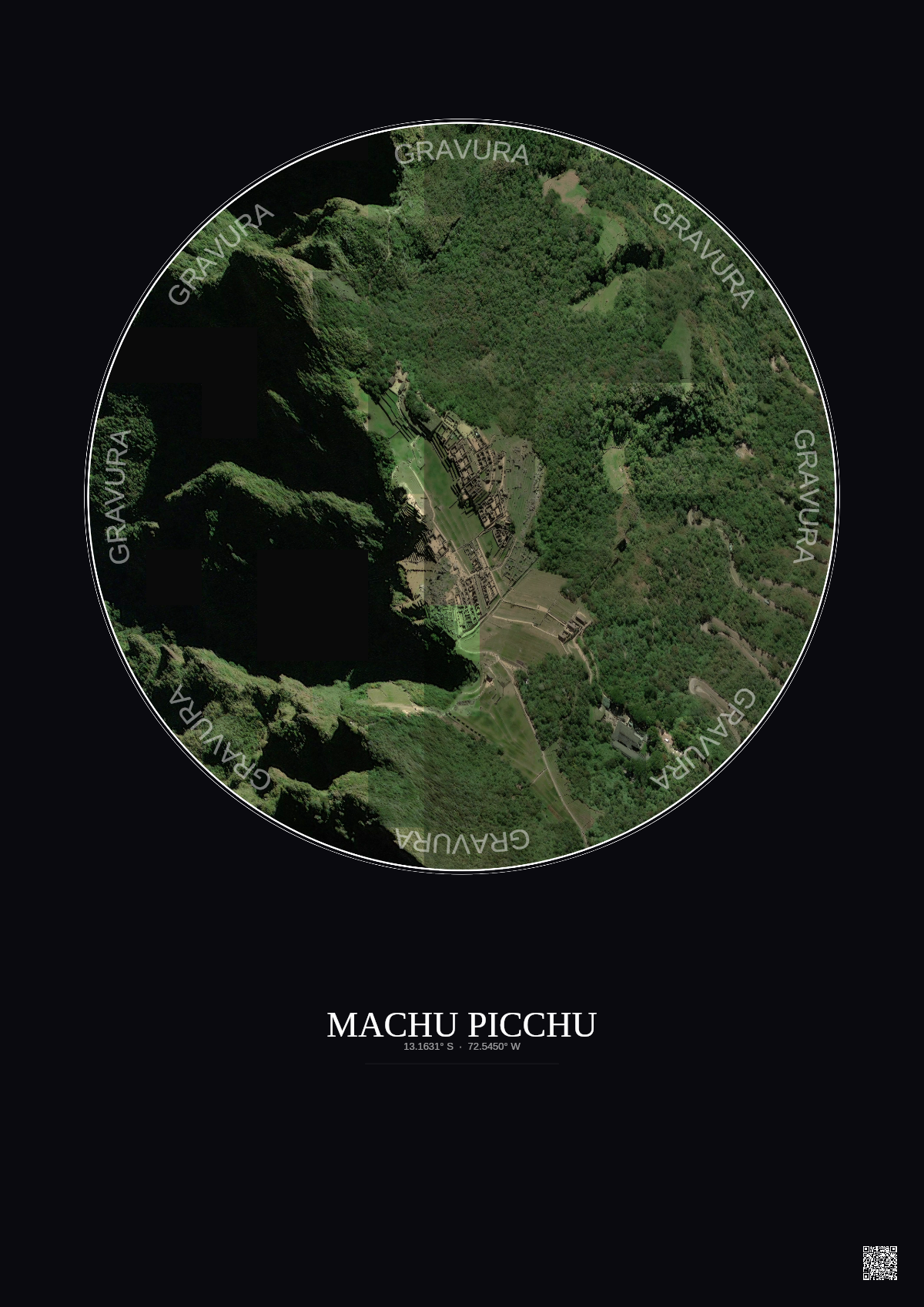 Affiche Machu Picchu – Poster vue satellite 0.5km Couleur | Gravura – Fond foncé