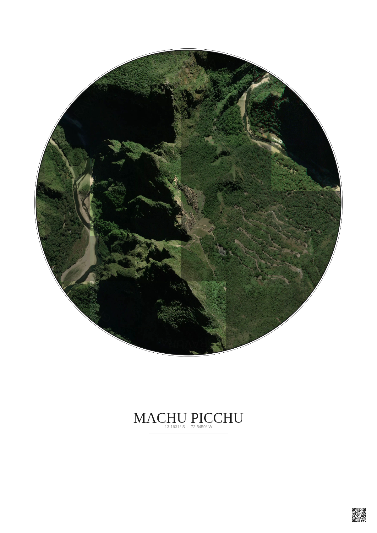 Affiche Machu Picchu – Poster vue satellite 1km Couleur | Gravura – Fond clair