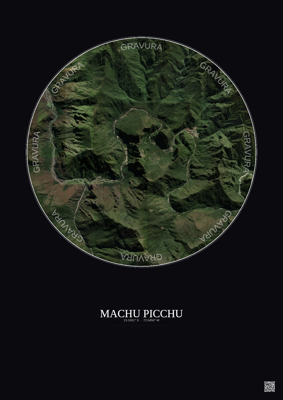 Affiche Machu Picchu – Poster vue satellite 5km Couleur | Gravura – Fond foncé
