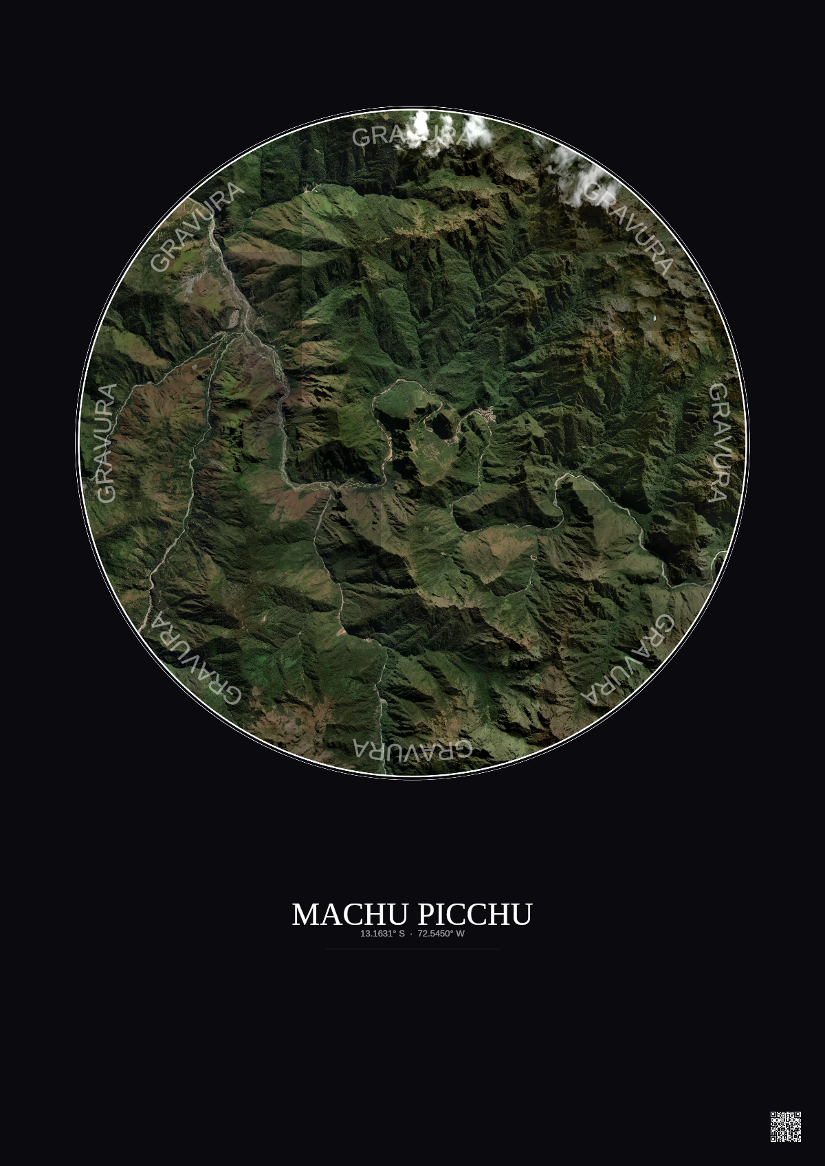 Affiche Machu Picchu – Poster vue satellite 10km Couleur | Gravura – Fond foncé