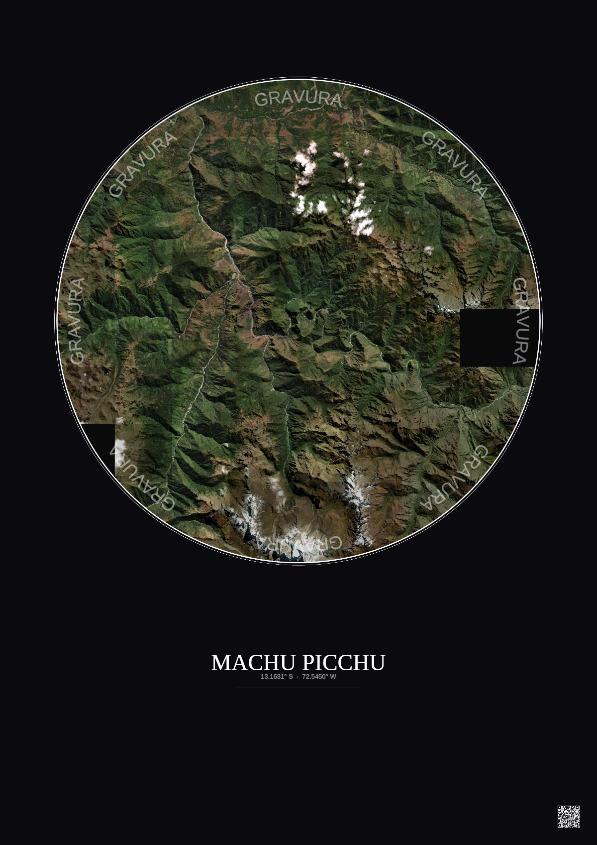 Affiche Machu Picchu – Poster vue satellite 20km Couleur | Gravura – Fond foncé