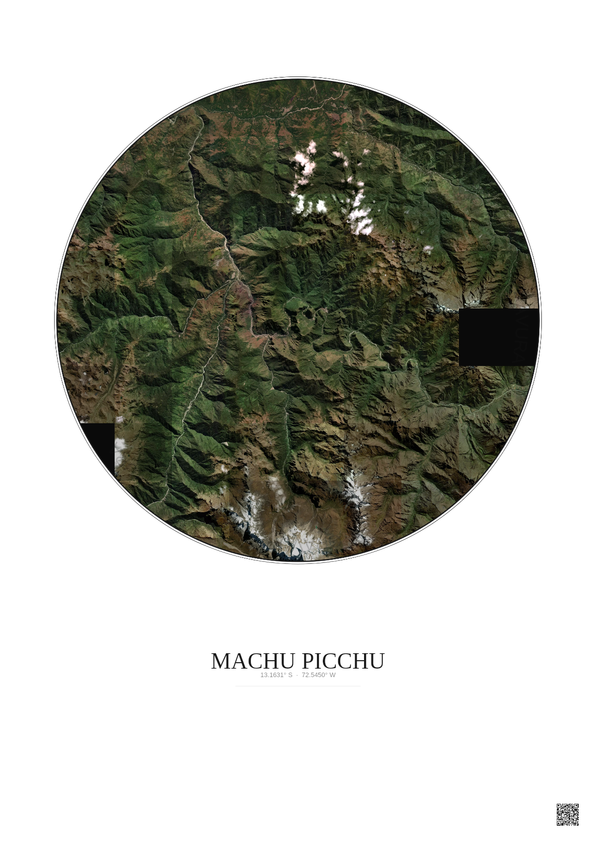 Affiche Machu Picchu – Poster vue satellite 20km Couleur | Gravura – Fond clair