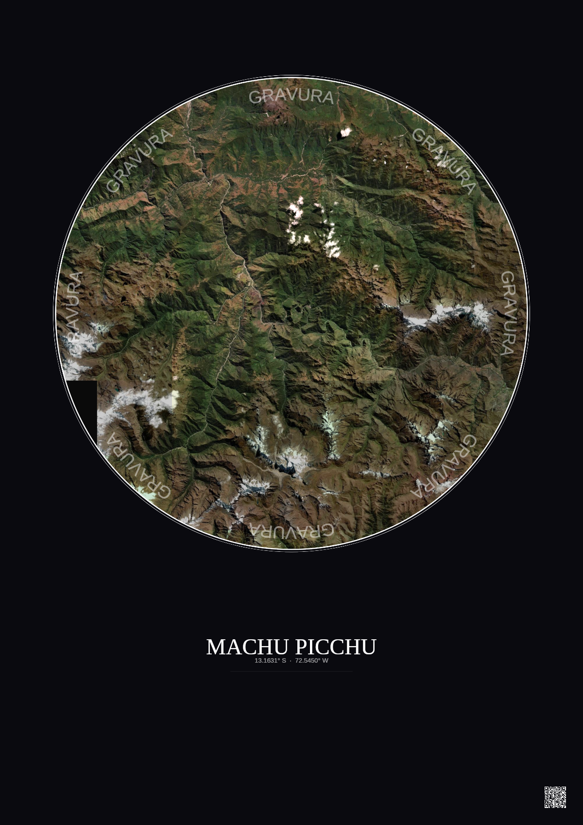 Affiche Machu Picchu – Poster vue satellite 30km Couleur | Gravura – Fond foncé