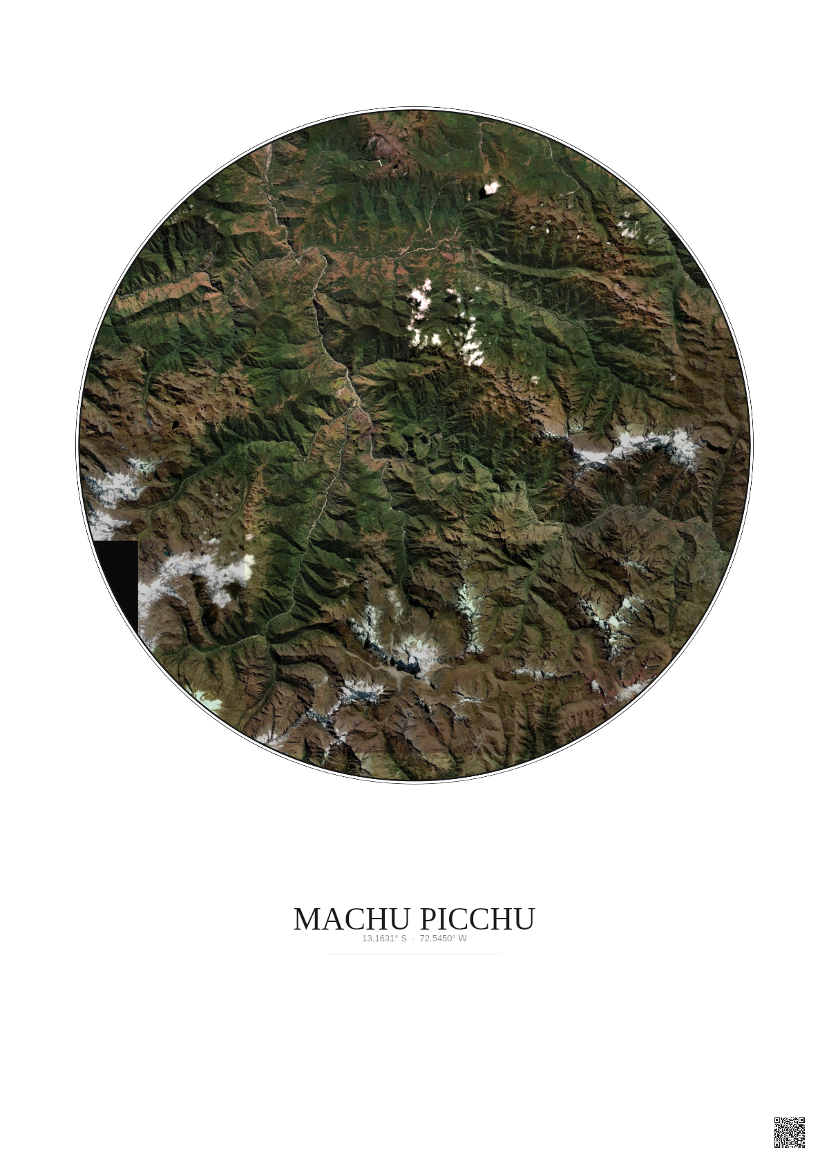Affiche Machu Picchu – Poster vue satellite 30km Couleur | Gravura – Fond clair