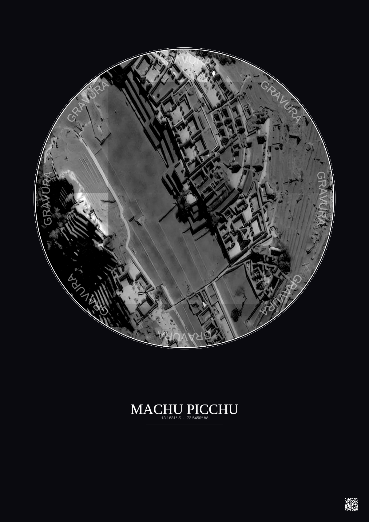 Affiche Machu Picchu – Poster vue satellite 0.1km N&B | Gravura – Fond foncé