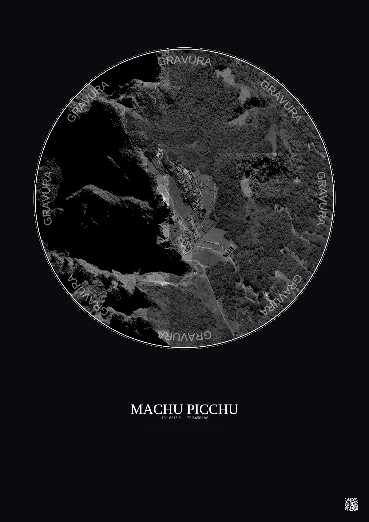 Affiche Machu Picchu – Poster vue satellite 0.5km N&B | Gravura – Fond foncé
