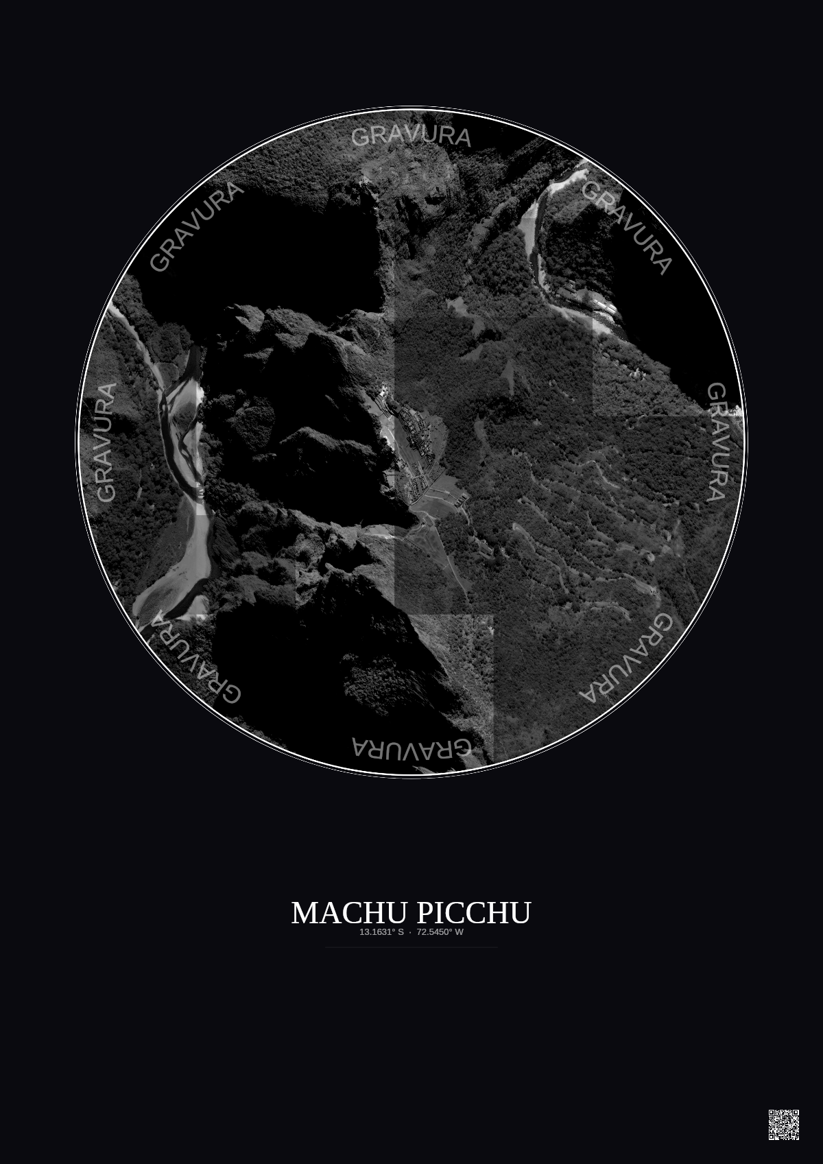 Affiche Machu Picchu – Poster vue satellite 1km N&B | Gravura – Fond foncé