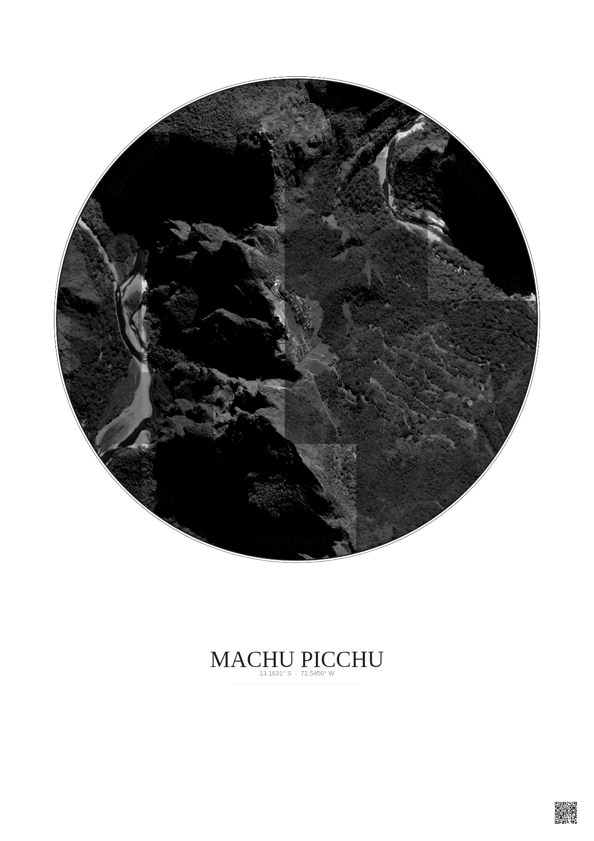 Affiche Machu Picchu – Poster vue satellite 1km N&B | Gravura – Fond clair