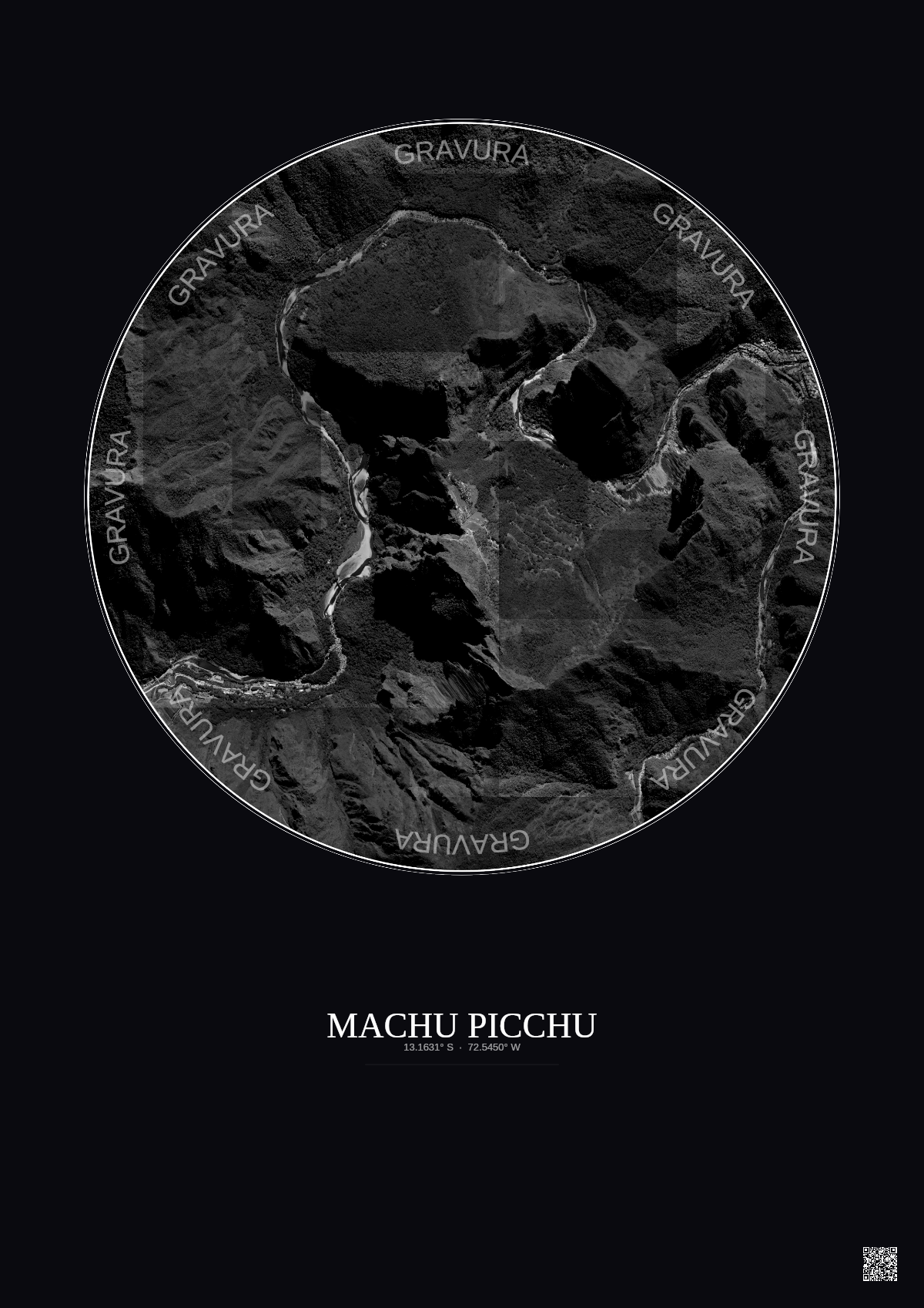 Affiche Machu Picchu – Poster vue satellite 2.5km N&B | Gravura – Fond foncé