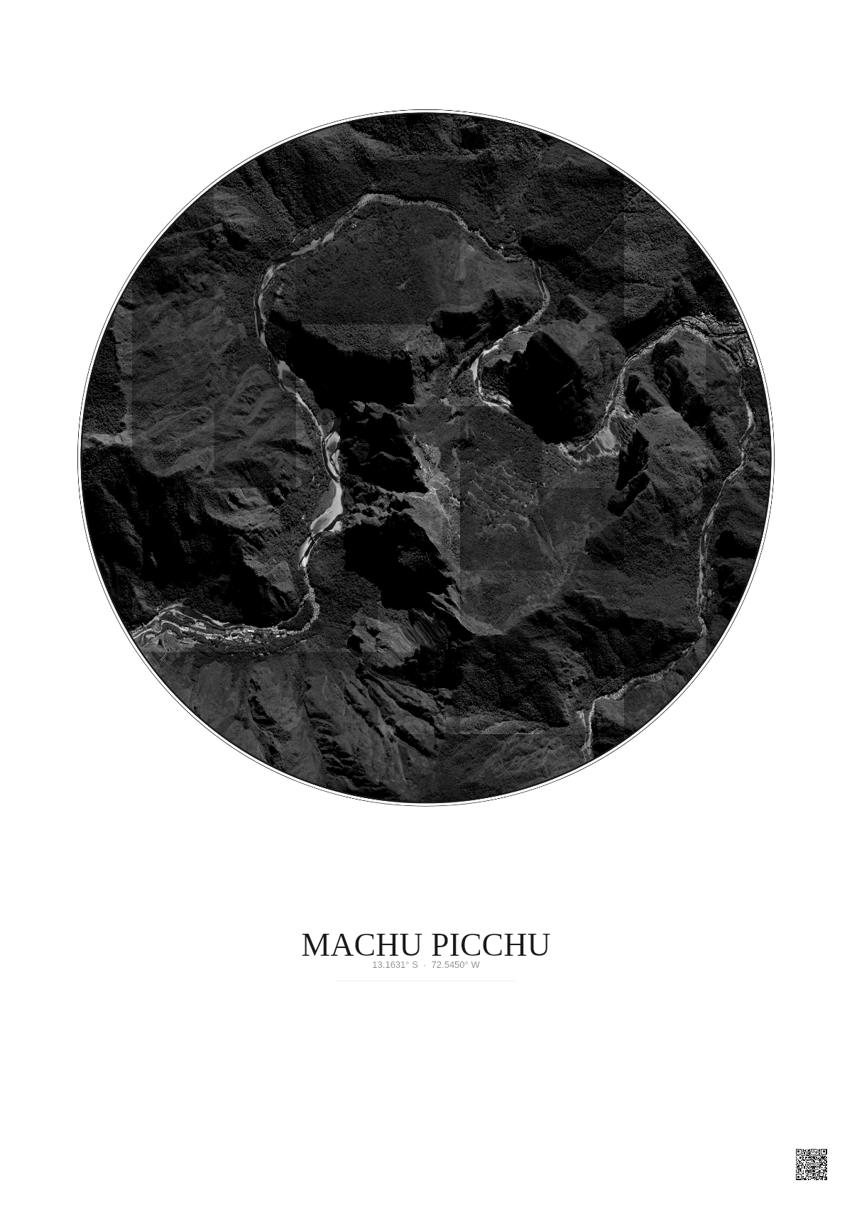 Affiche Machu Picchu – Poster vue satellite 2.5km N&B | Gravura – Fond clair