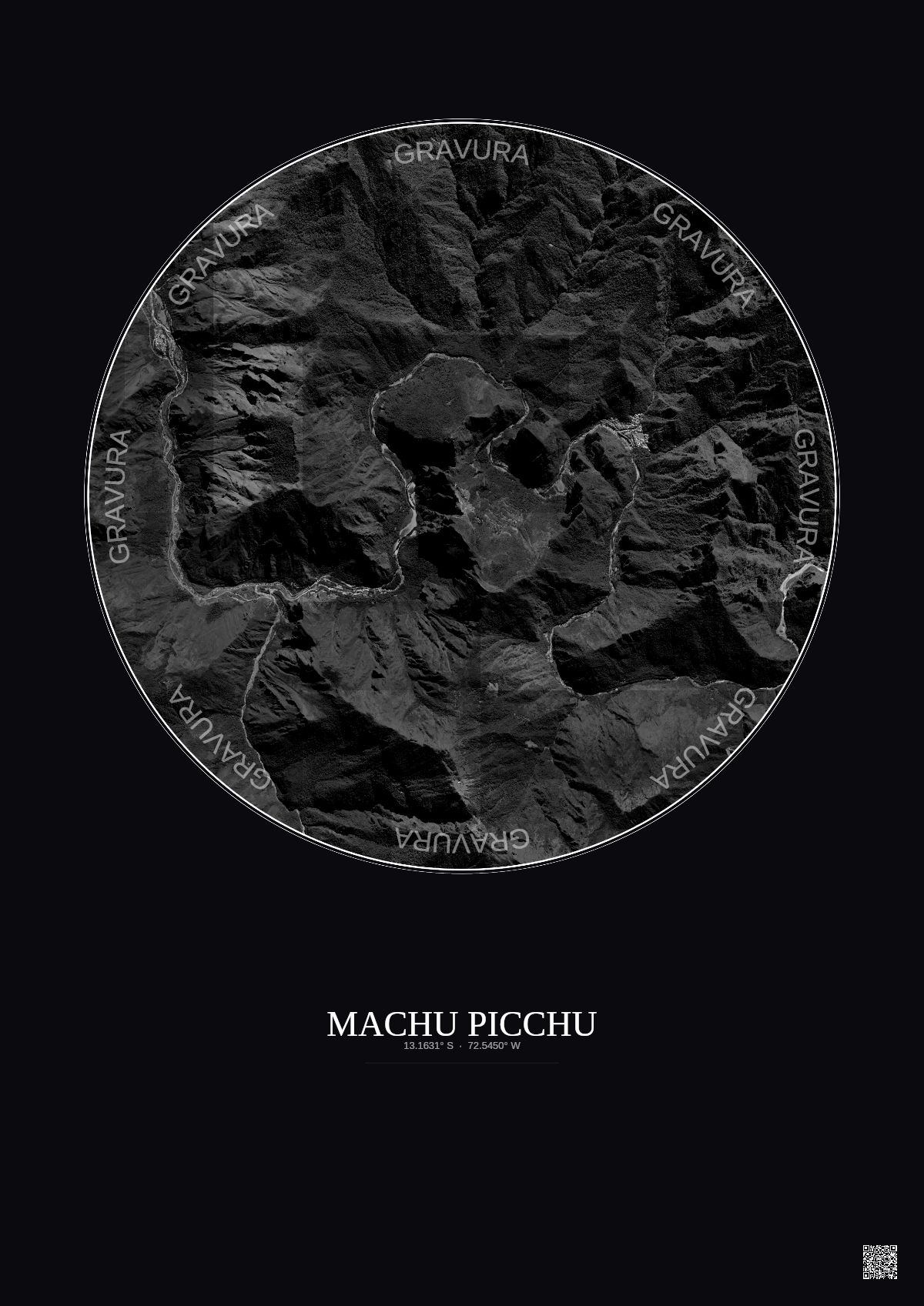 Affiche Machu Picchu – Poster vue satellite 5km N&B | Gravura – Fond foncé