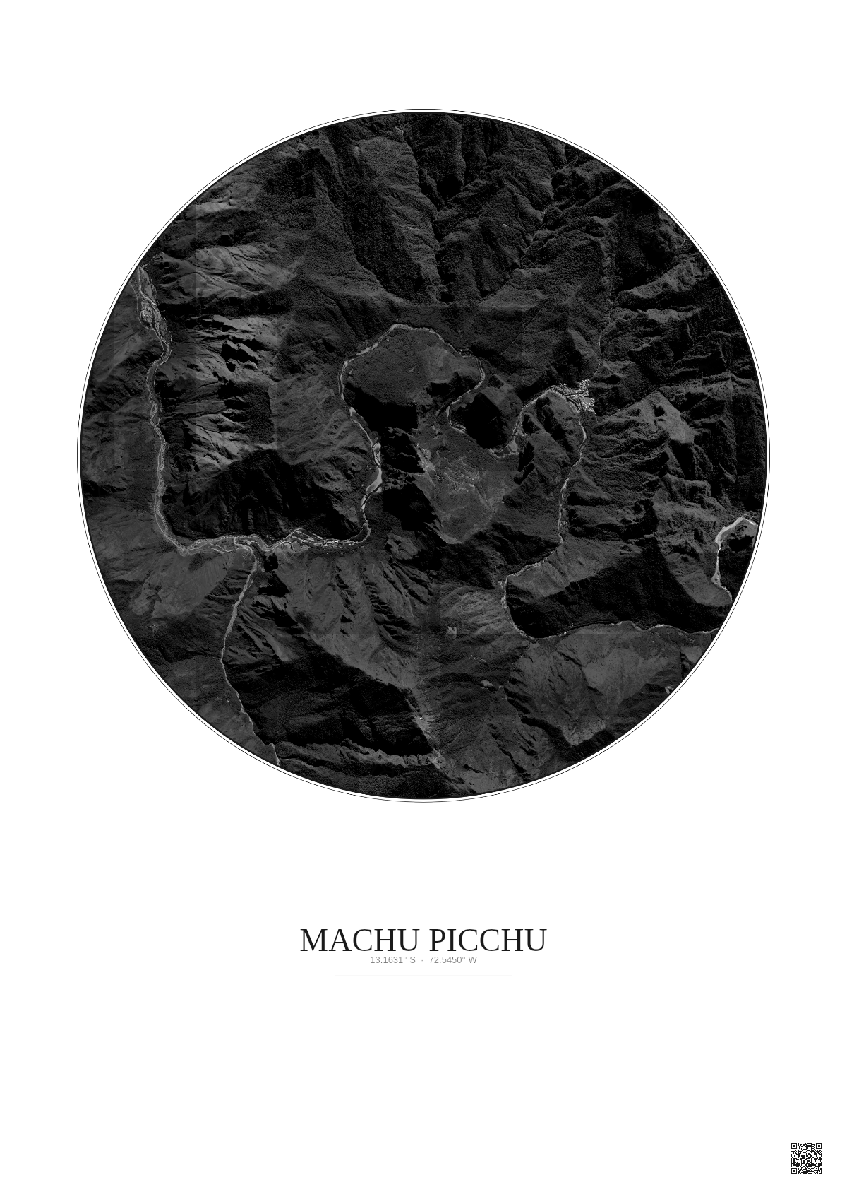 Affiche Machu Picchu – Poster vue satellite 5km N&B | Gravura – Fond clair