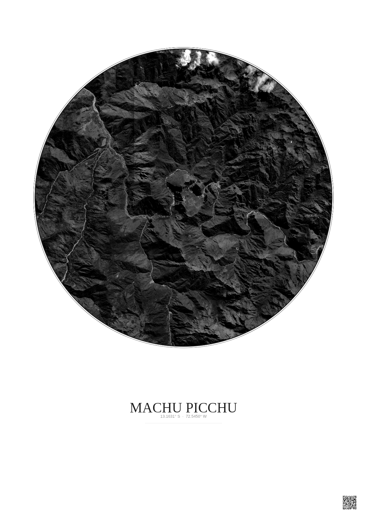 Affiche Machu Picchu – Poster vue satellite 10km N&B | Gravura – Fond clair