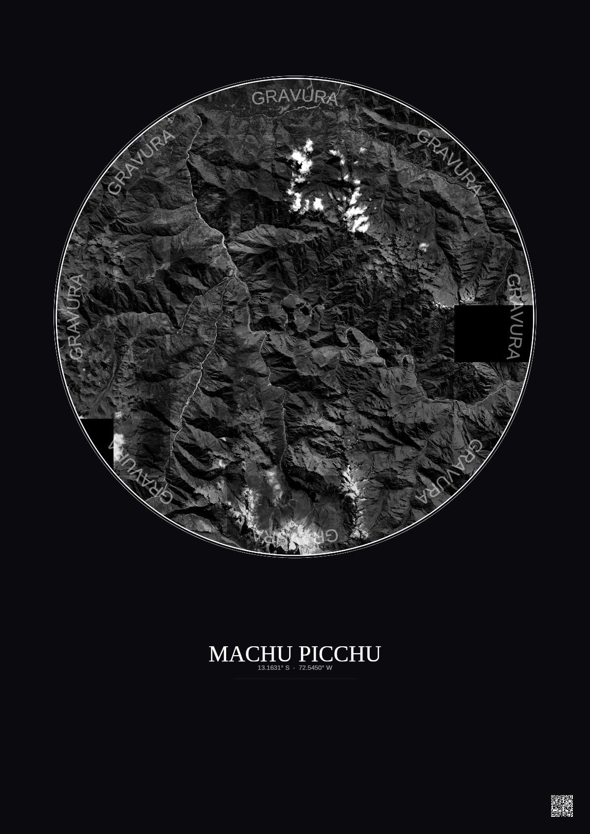 Affiche Machu Picchu – Poster vue satellite 20km N&B | Gravura – Fond foncé