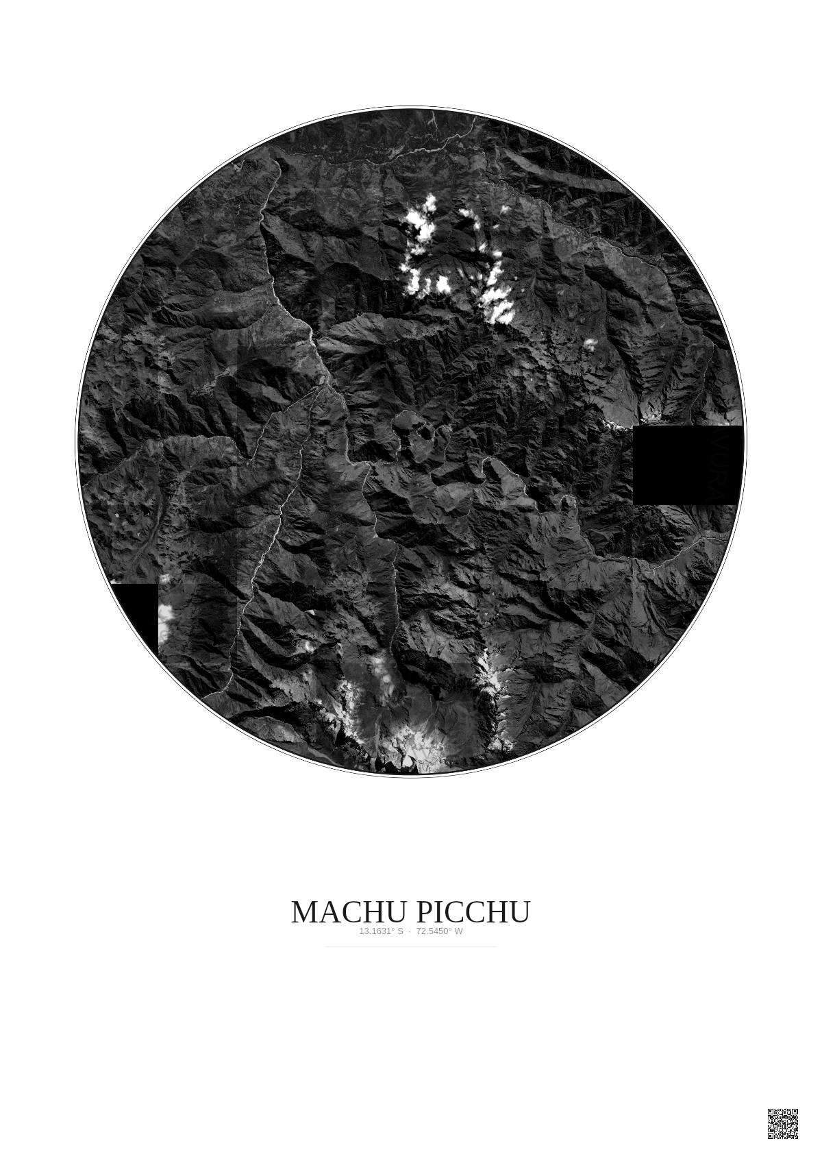 Affiche Machu Picchu – Poster vue satellite 20km N&B | Gravura – Fond clair