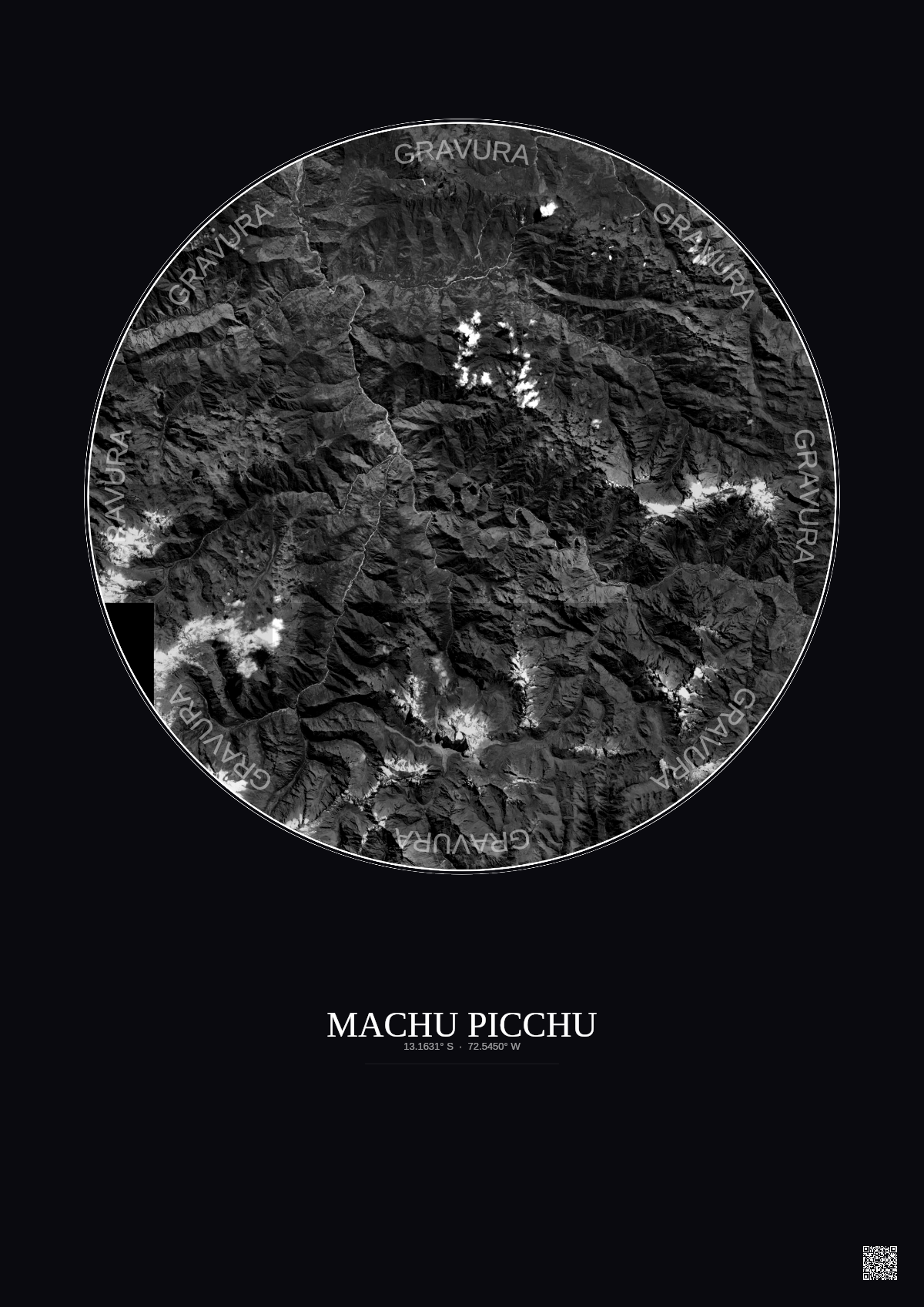 Affiche Machu Picchu – Poster vue satellite 30km N&B | Gravura – Fond foncé