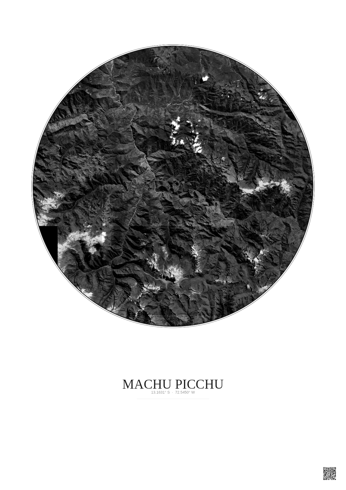 Affiche Machu Picchu – Poster vue satellite 30km N&B | Gravura – Fond clair