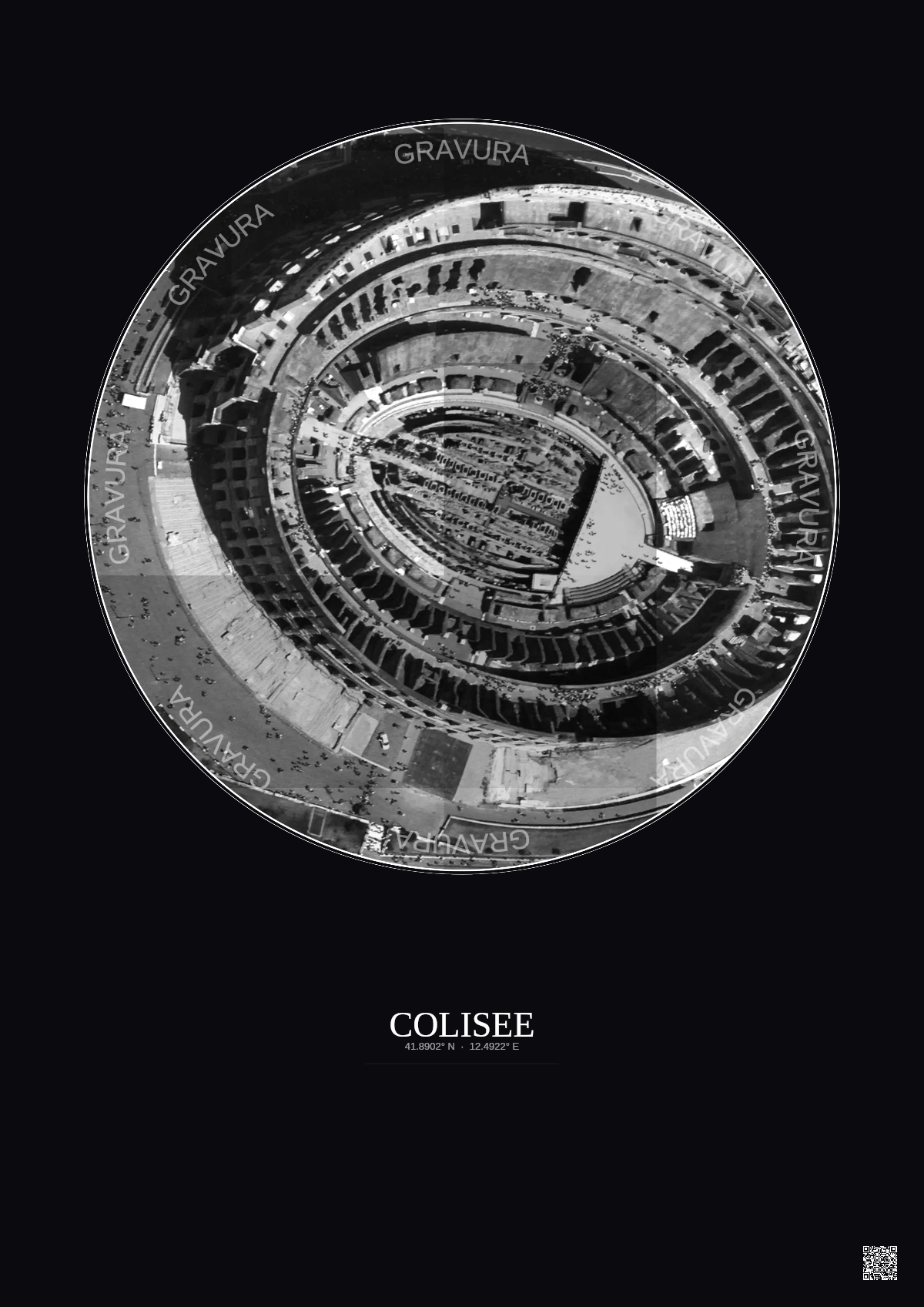 Affiche Colisee – Poster vue satellite 0.1km N&B | Gravura – Fond foncé