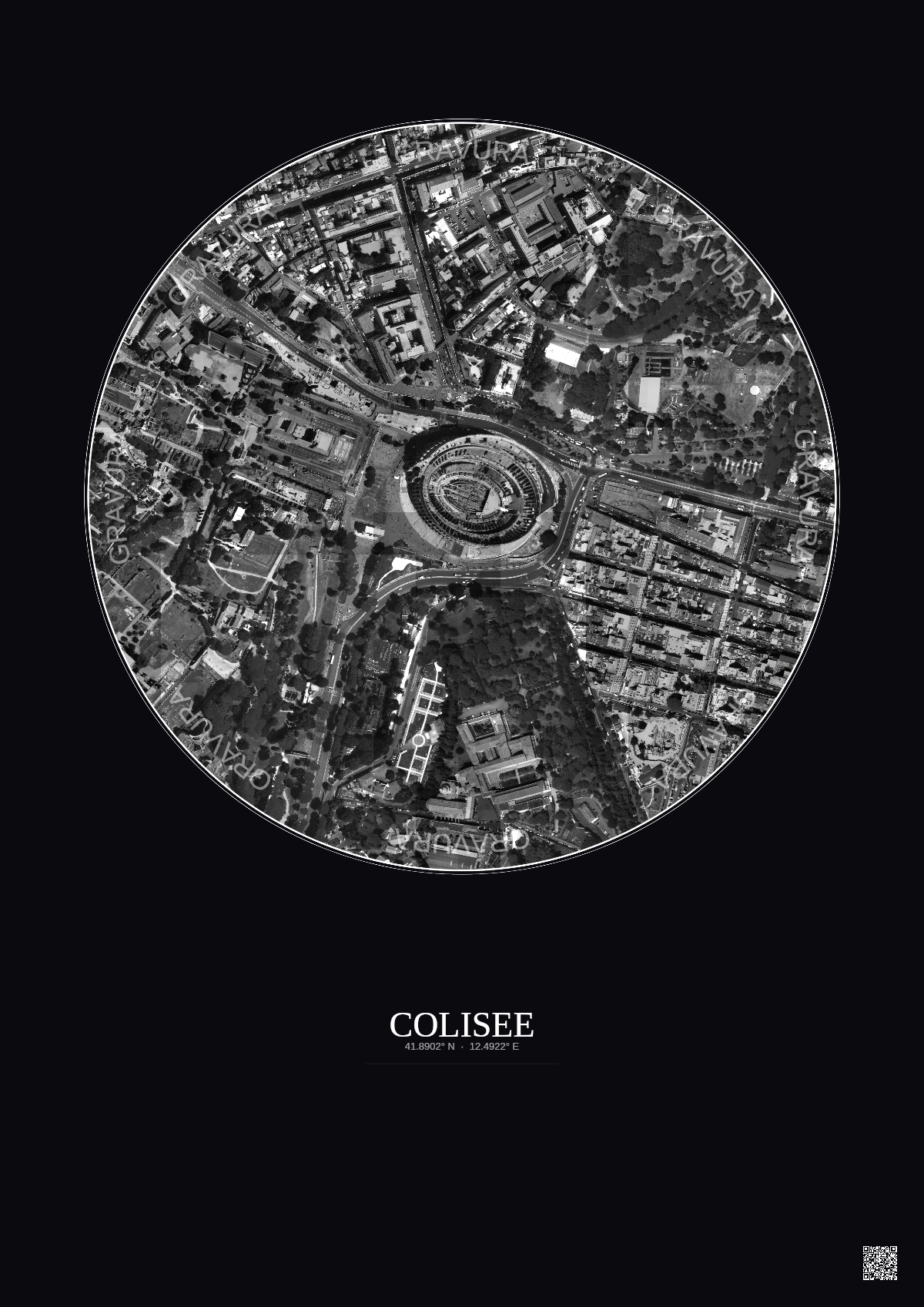Affiche Colisee – Poster vue satellite 0.5km N&B | Gravura – Fond foncé