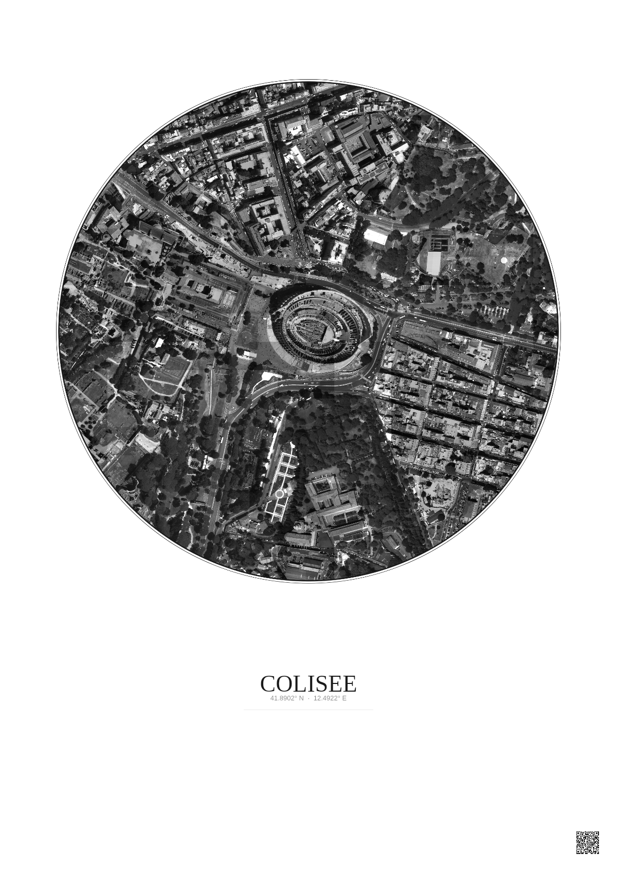 Affiche Colisee – Poster vue satellite 0.5km N&B | Gravura – Fond clair