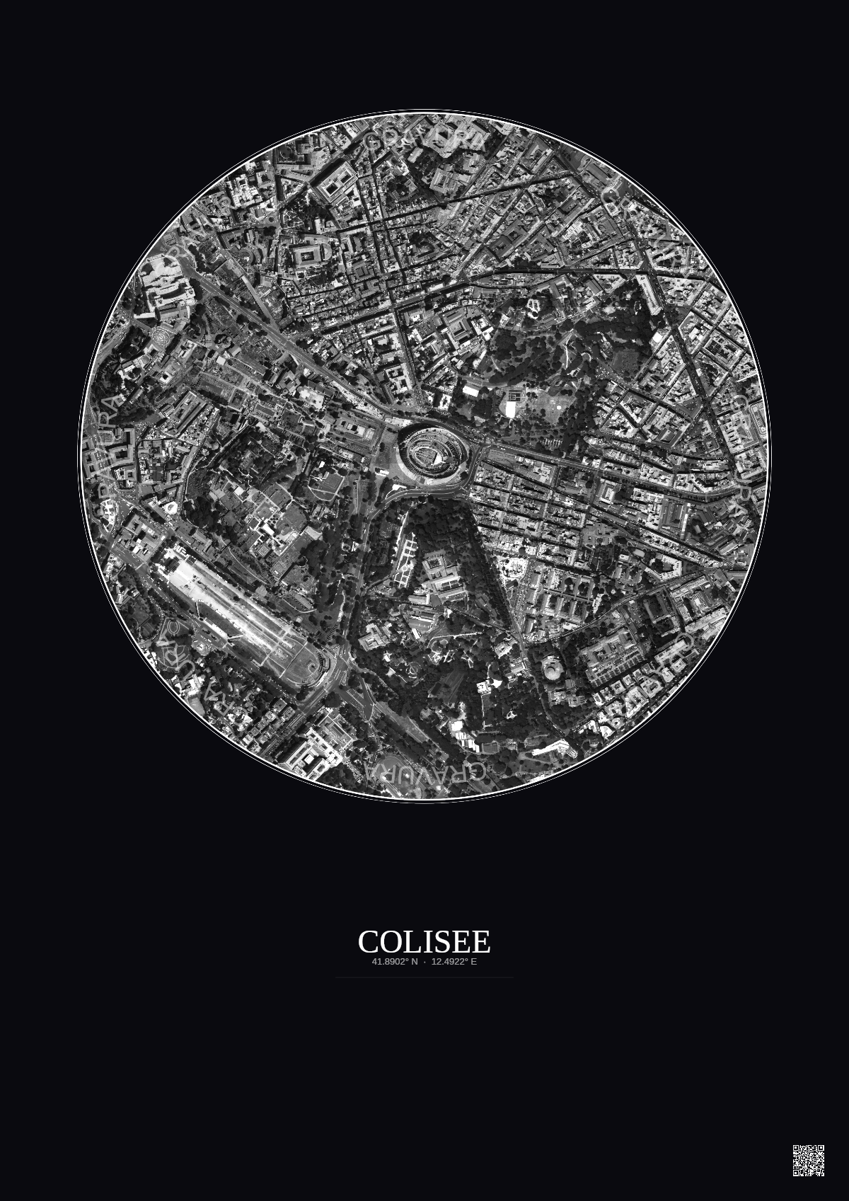 Affiche Colisee – Poster vue satellite 1km N&B | Gravura – Fond foncé