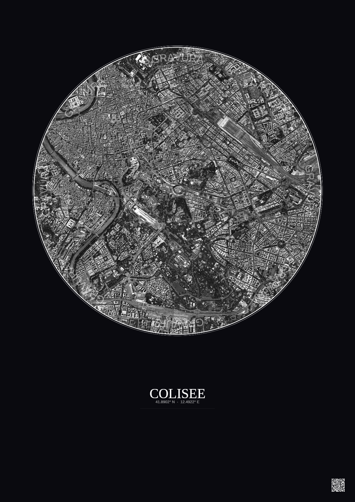 Affiche Colisee – Poster vue satellite 2.5km N&B | Gravura – Fond foncé